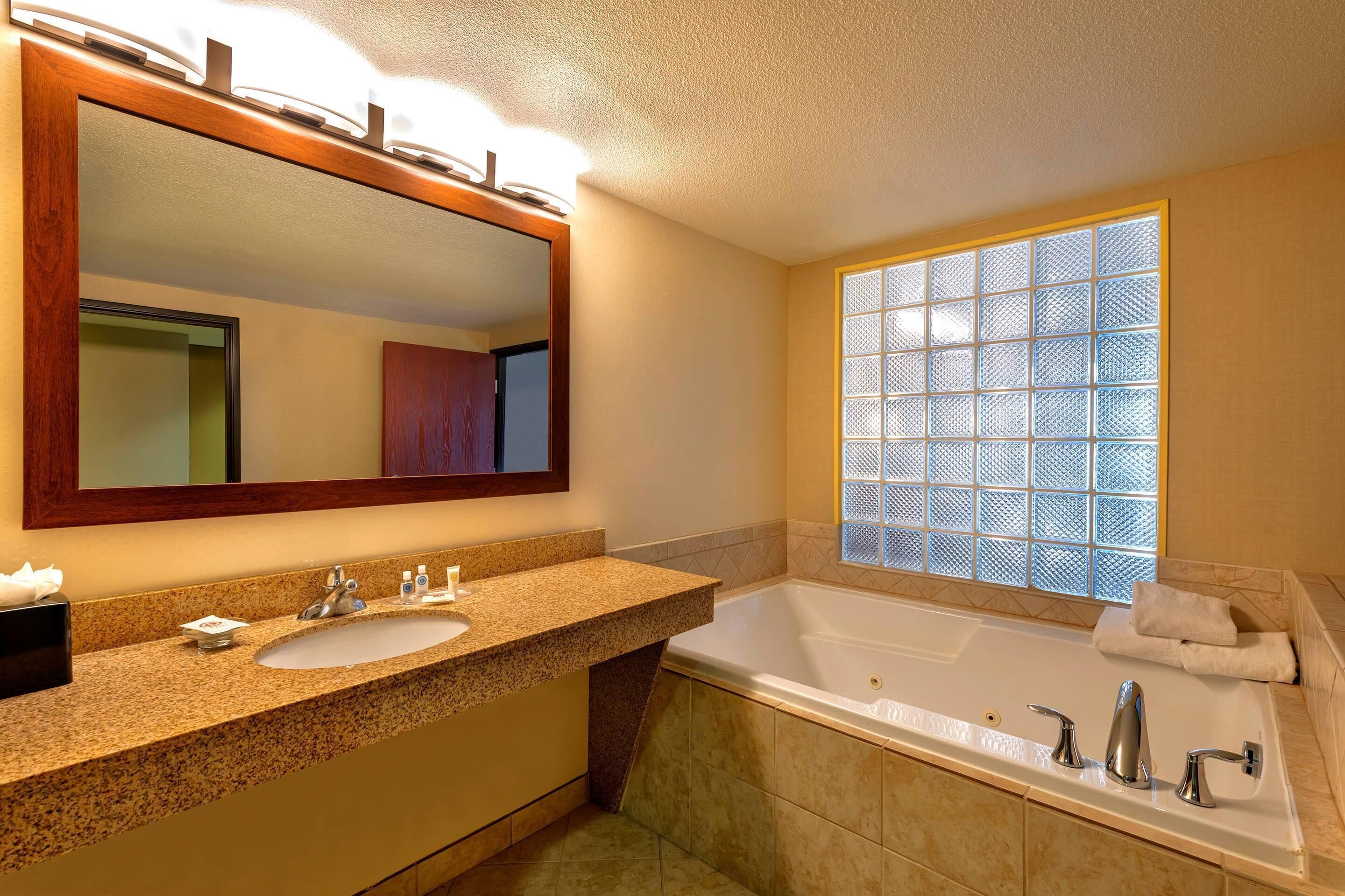 Un baño con un espejo grande, un lavabo, una bañera y una ventana con diseño de cuadrícula.