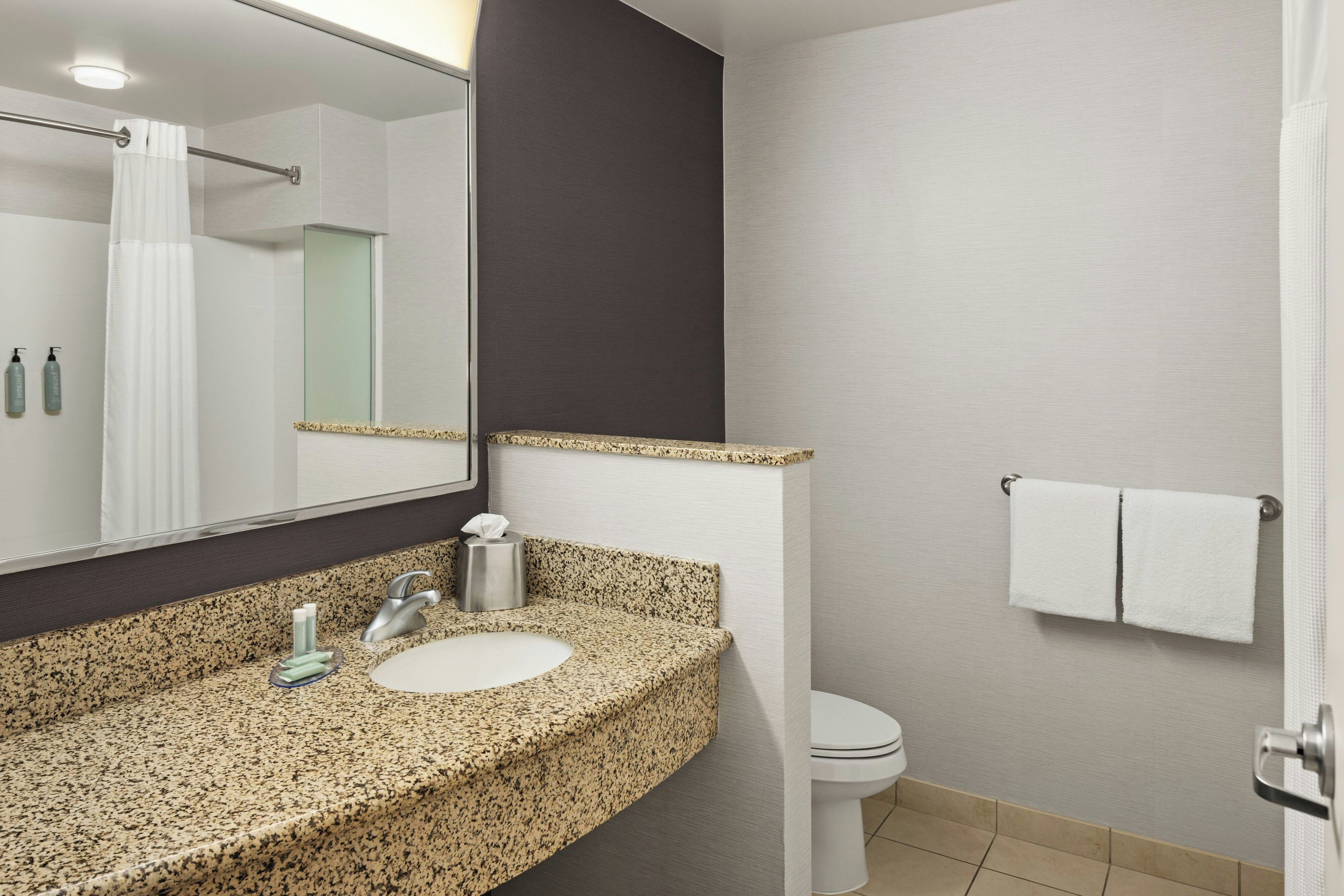 A bathroom with a granite countertop, a sink, a mirror, a toilet, and a towel rack.