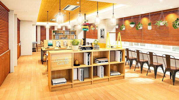 A modern library cafe with wooden shelves, hanging plants, and a cozy seating area. - Comfort Hotel Tokyo Kanda (Tokyo)