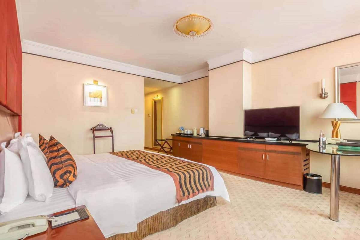 A hotel room with a bed, a desk, a television, and a mirror.