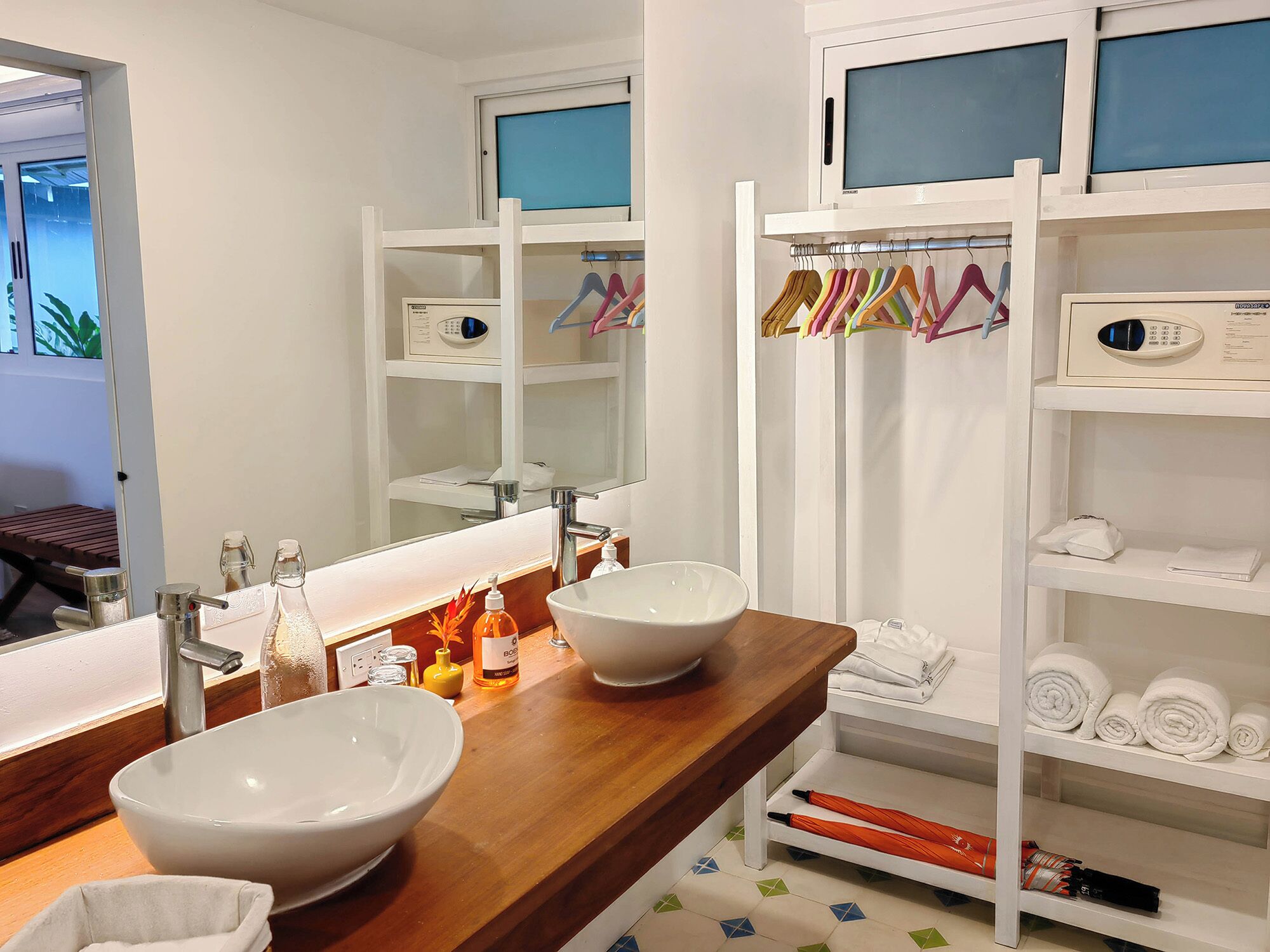 papi brown downstairs suites - king bed | bathroom | shower, rainfall showerhead, eco-friendly toiletries, hair dryer