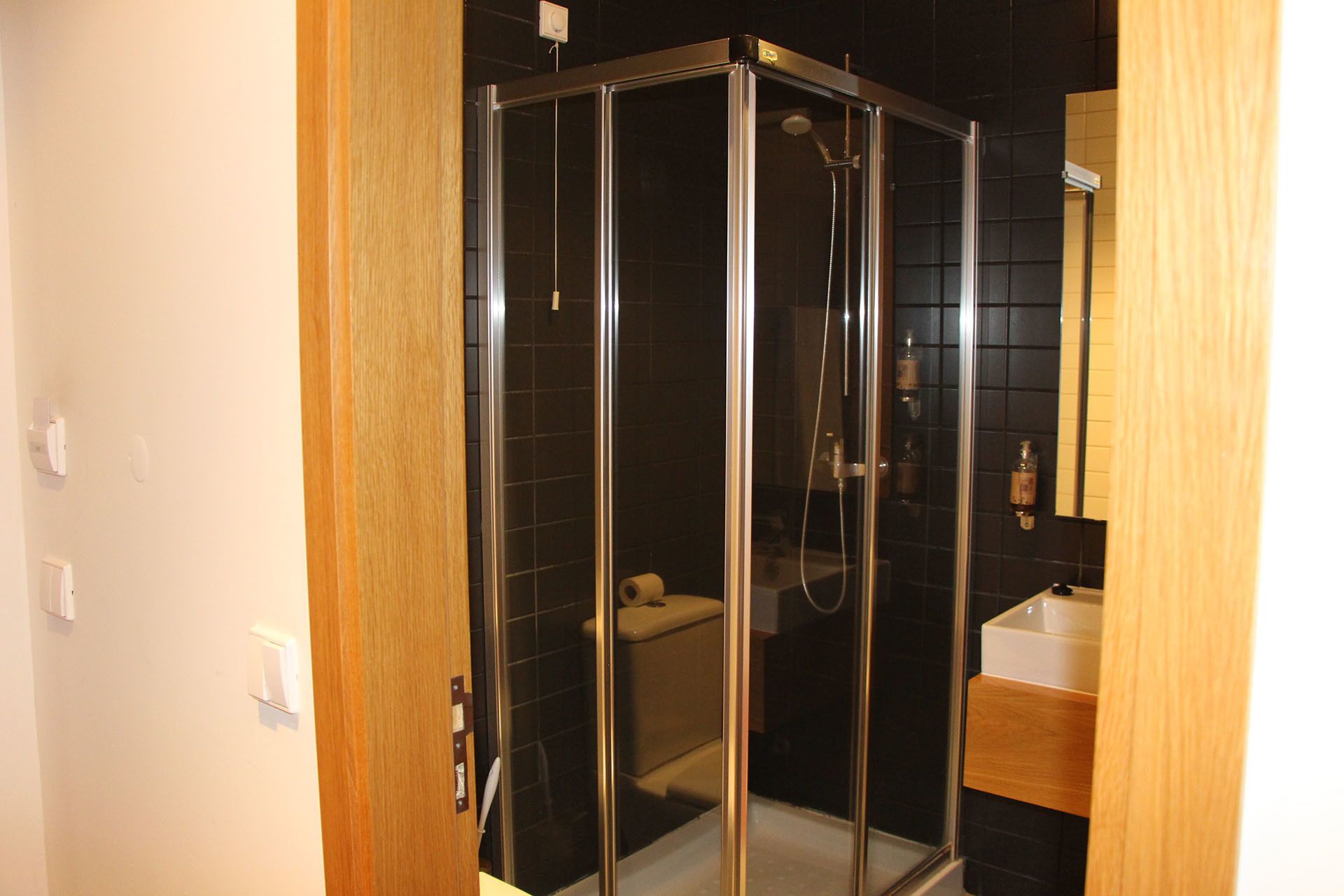 Eine begehbare Glasdusche mit Toilette und Waschbecken im angrenzenden Raum.