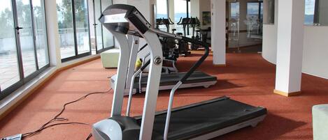 A gym with treadmills and exercise equipment, large windows, and a carpeted floor.