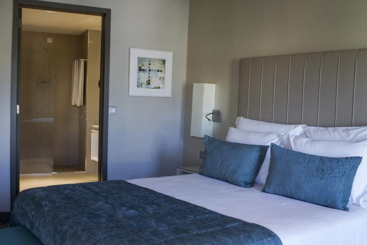 Une chambre d’hôtel comprenant un lit, une table de chevet, une lampe fixée au mur et un espace douche.