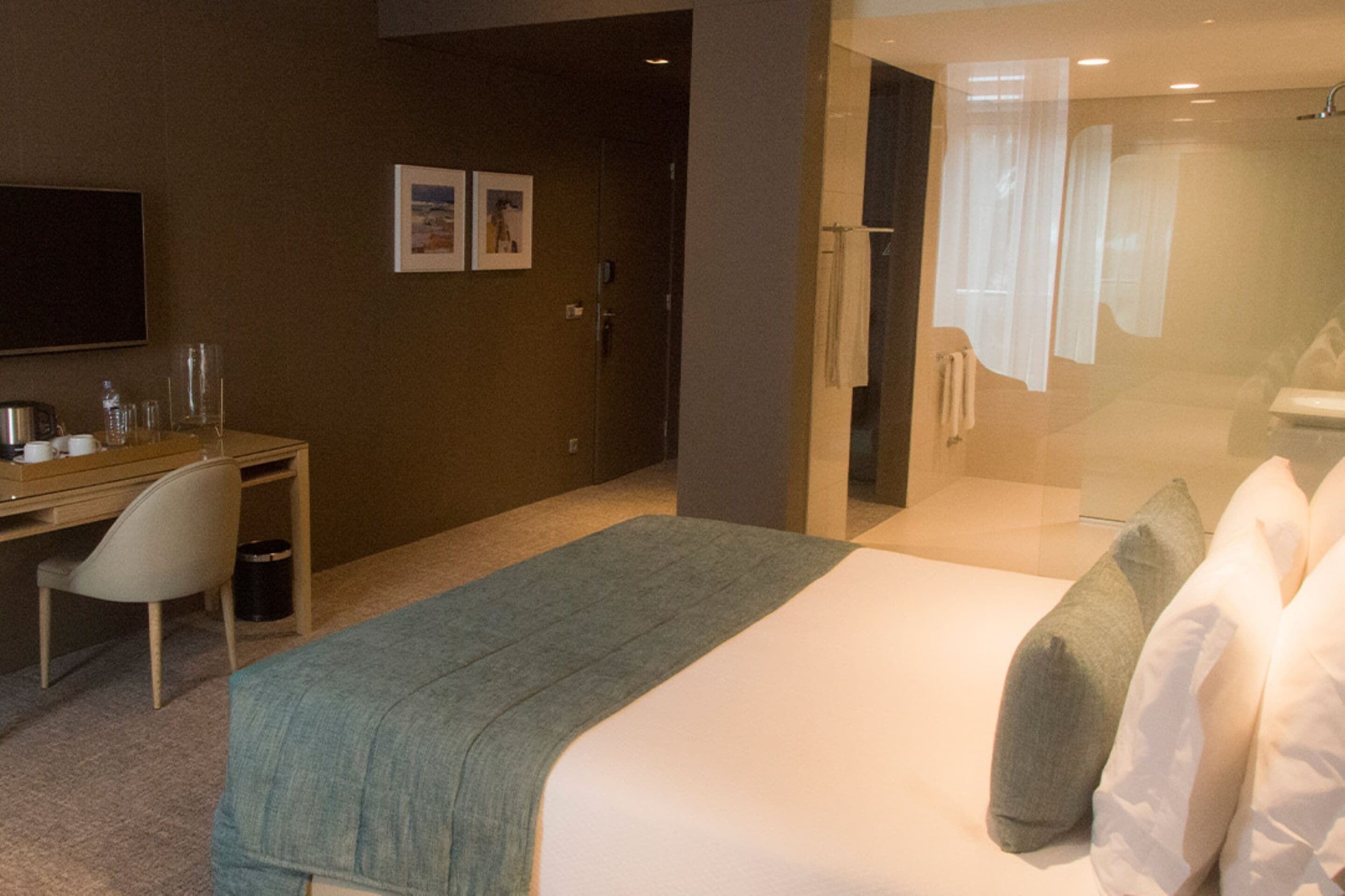 A hotel room with a bed, a desk, a chair, a TV, and a shower area.