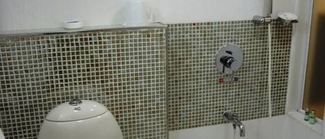 A bathroom with a toilet, a shower, and a tiled wall.