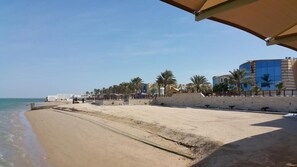 A beach with a sandy shore, palm trees, and buildings in the background. - Tio Sea Resort Al Khor (Al Khor)