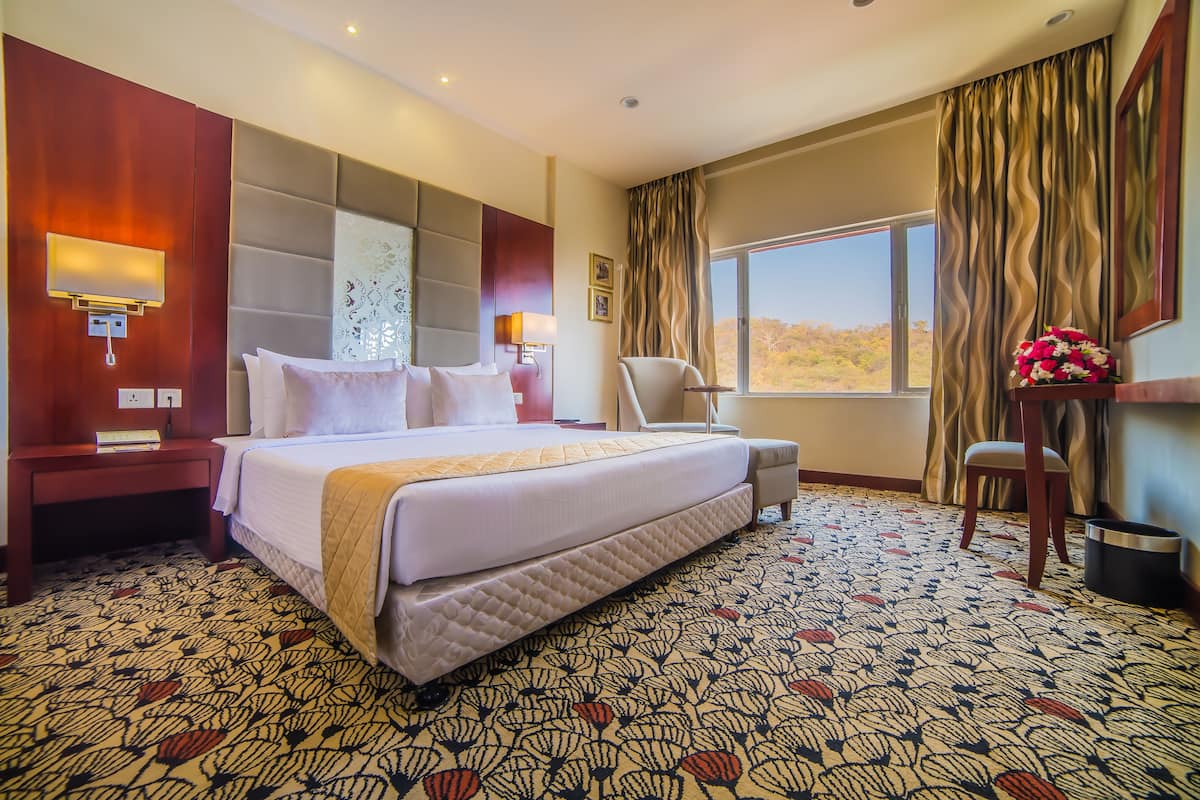 A hotel room with a large bed, a nightstand, a chair, a desk, and a window with a view.