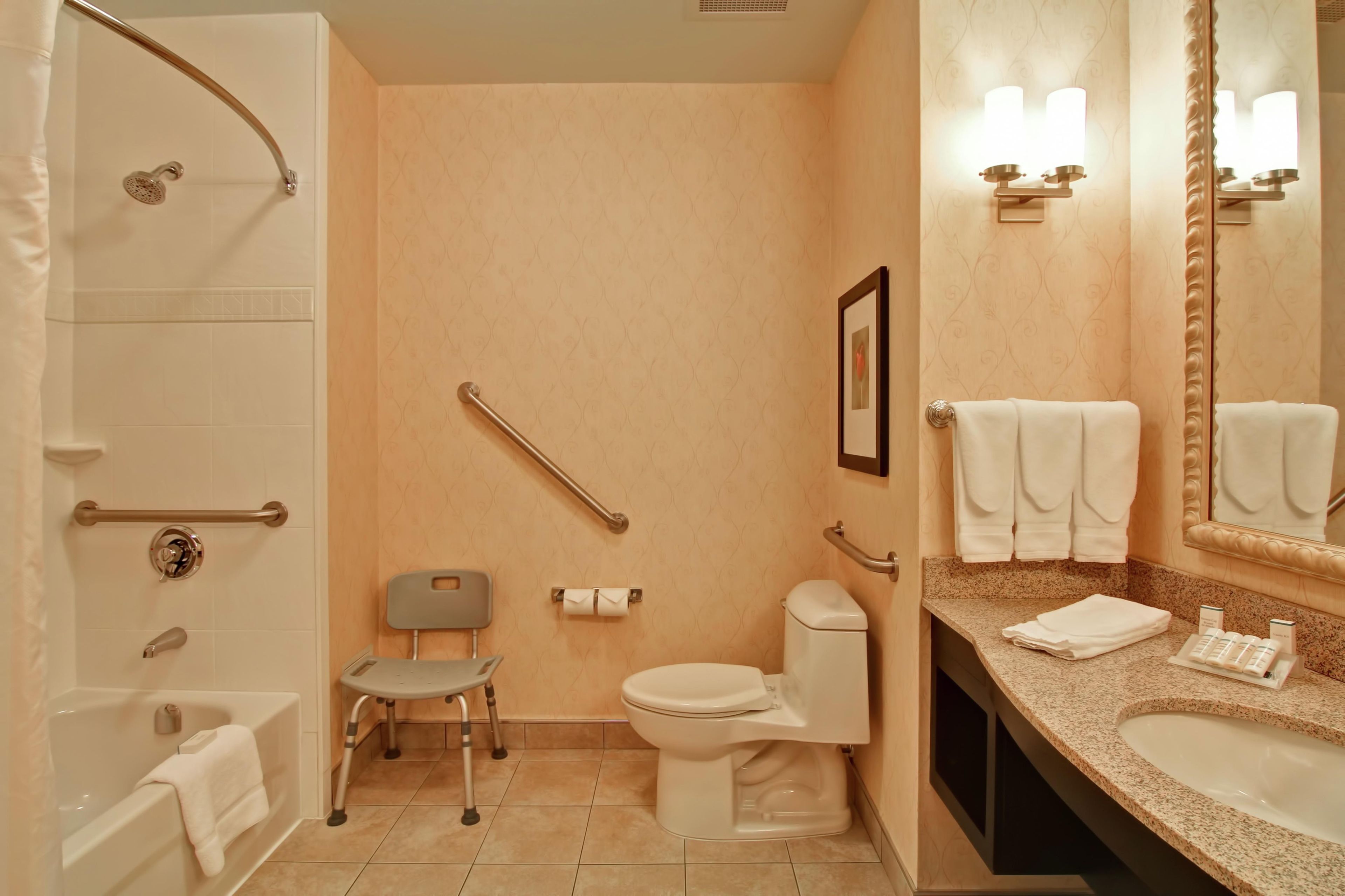 Ein Badezimmer mit Dusche, Toilette, Haltegriff und Stuhl.