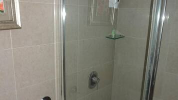 A glass-enclosed shower stall with a toilet and a glass shelf.