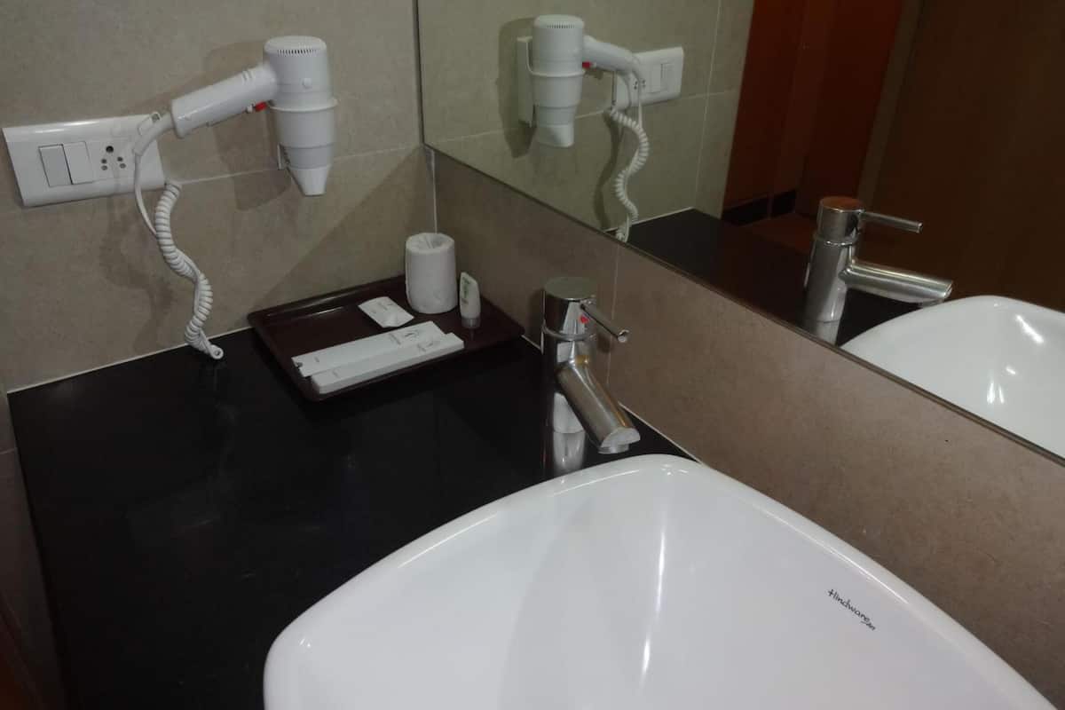 combined shower/bathtub, free toiletries, hair dryer, bathrobes