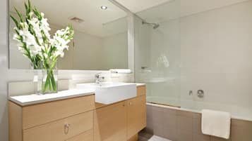 Combined shower/tub, free toiletries, hair dryer, towels