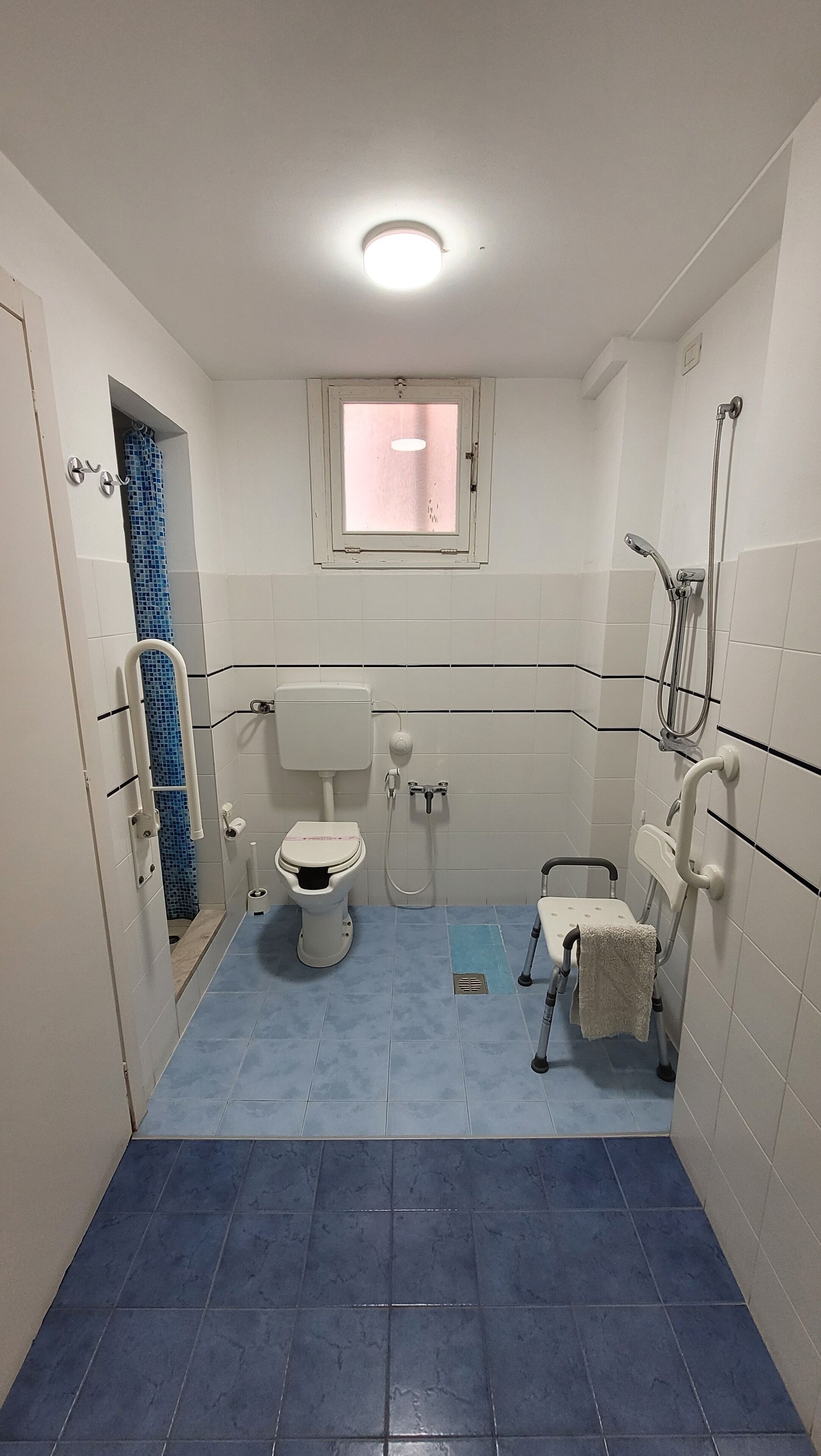 A small, compact bathroom with a toilet, bidet, and shower.