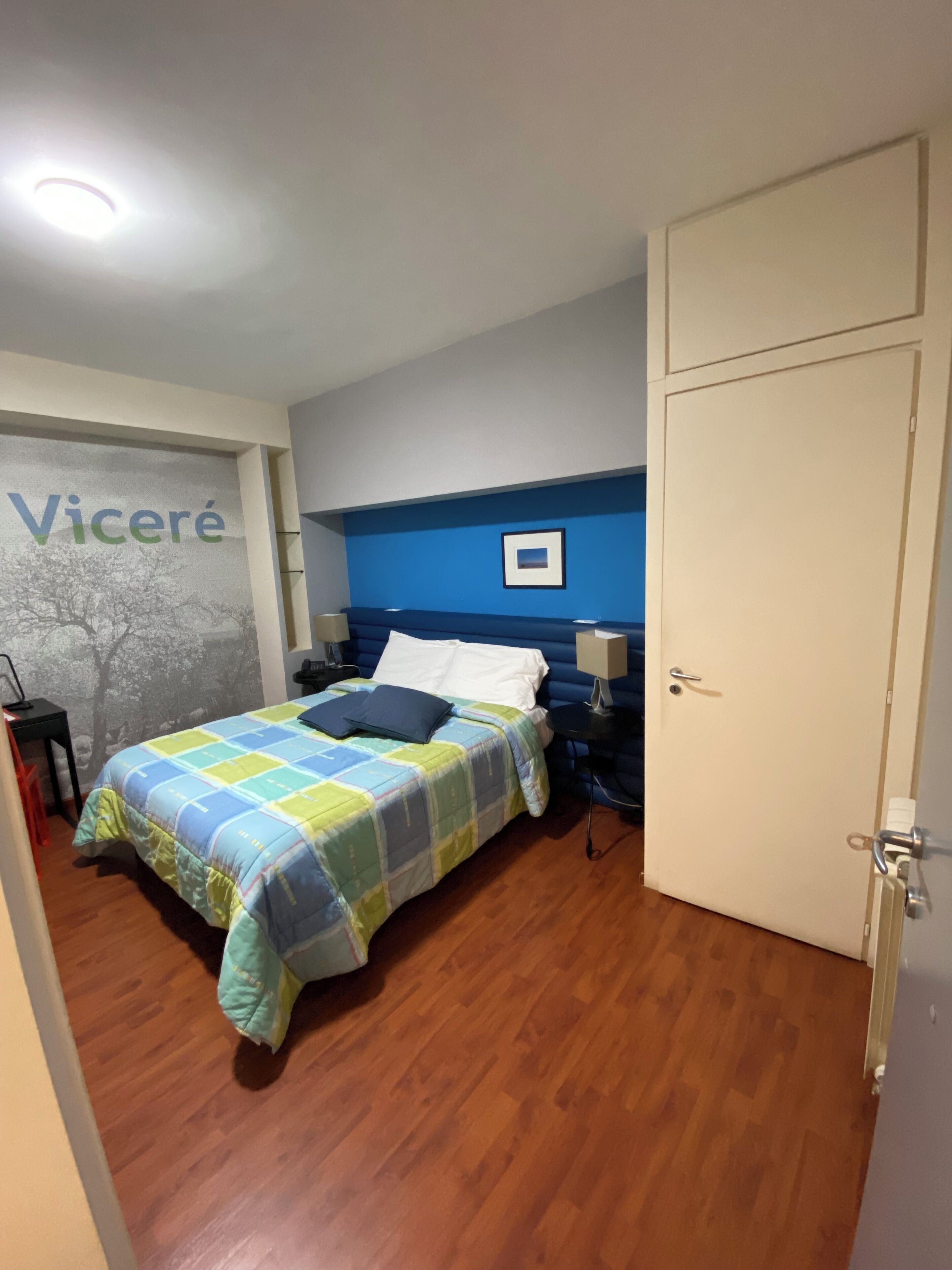 A bedroom with a bed, a nightstand, a desk, a wardrobe, and a wall with a framed picture.