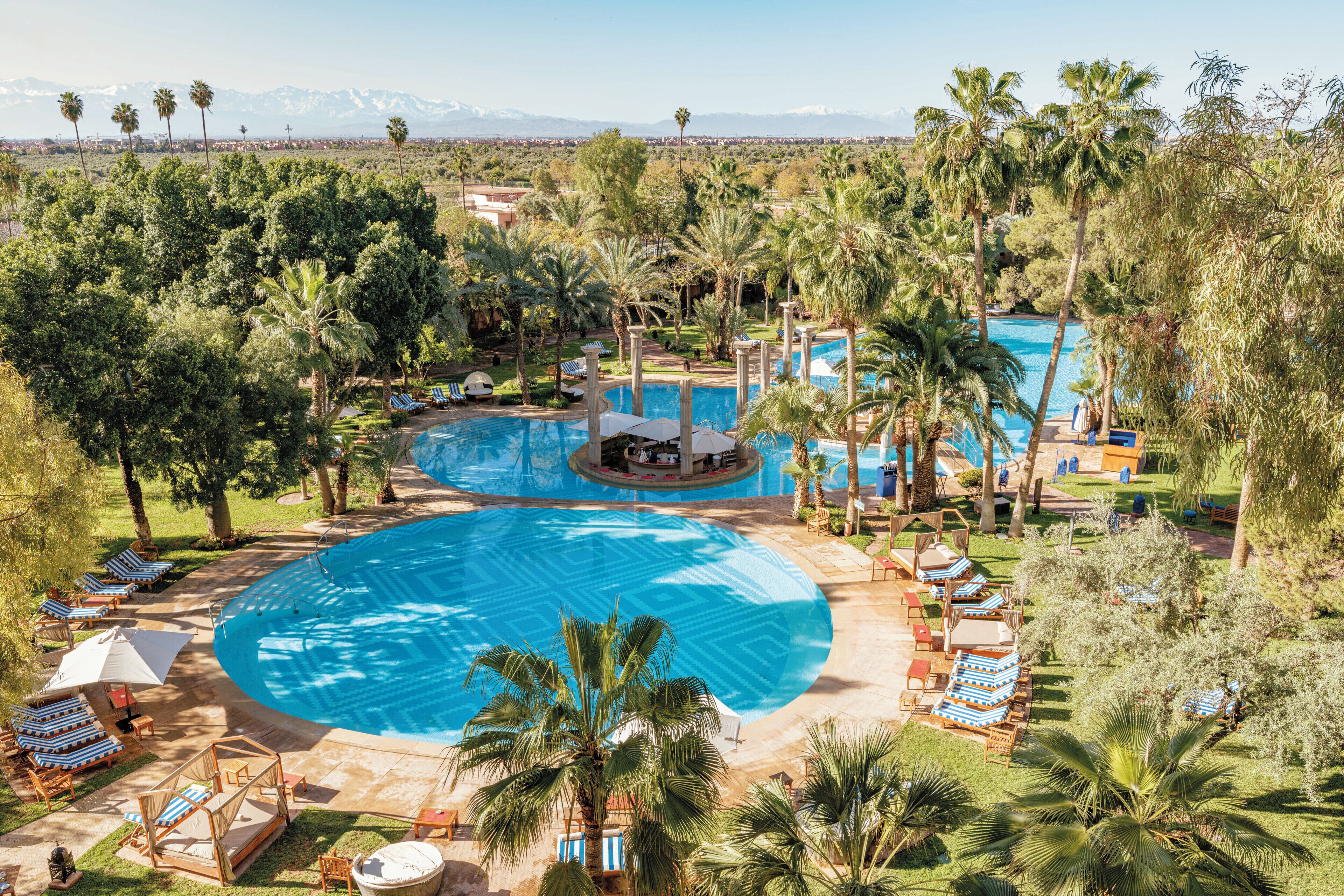 Una gran piscina al aire libre rodeada de palmeras y sillas de descanso, con vistas a montañas al fondo.