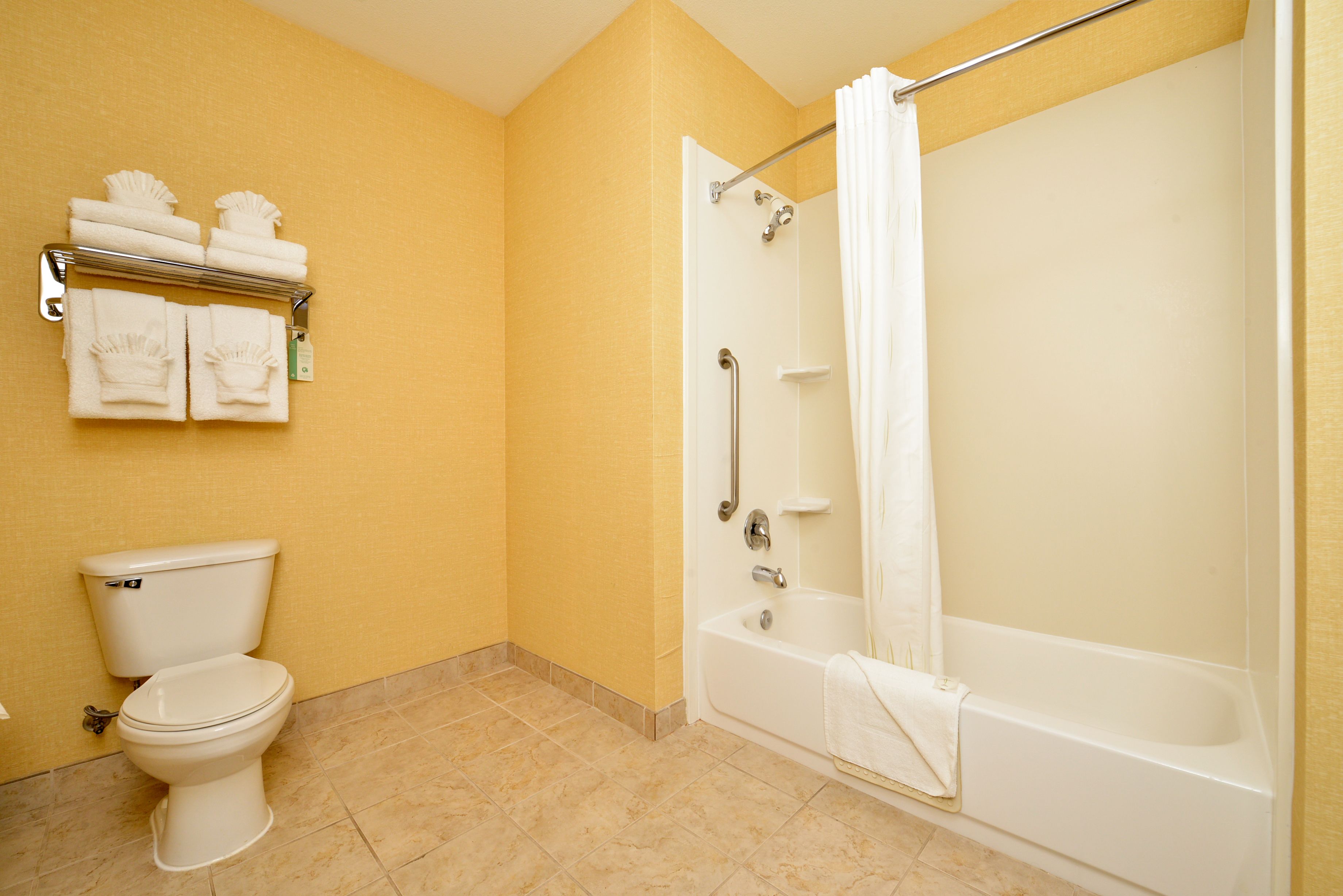 A bathroom with a toilet, a bathtub, and a shower curtain.