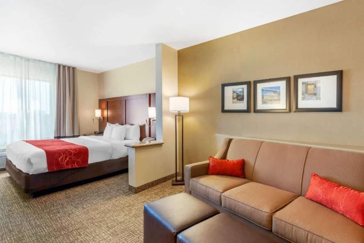 A hotel room with a bed, a sofa, a lamp, and framed pictures on the wall.