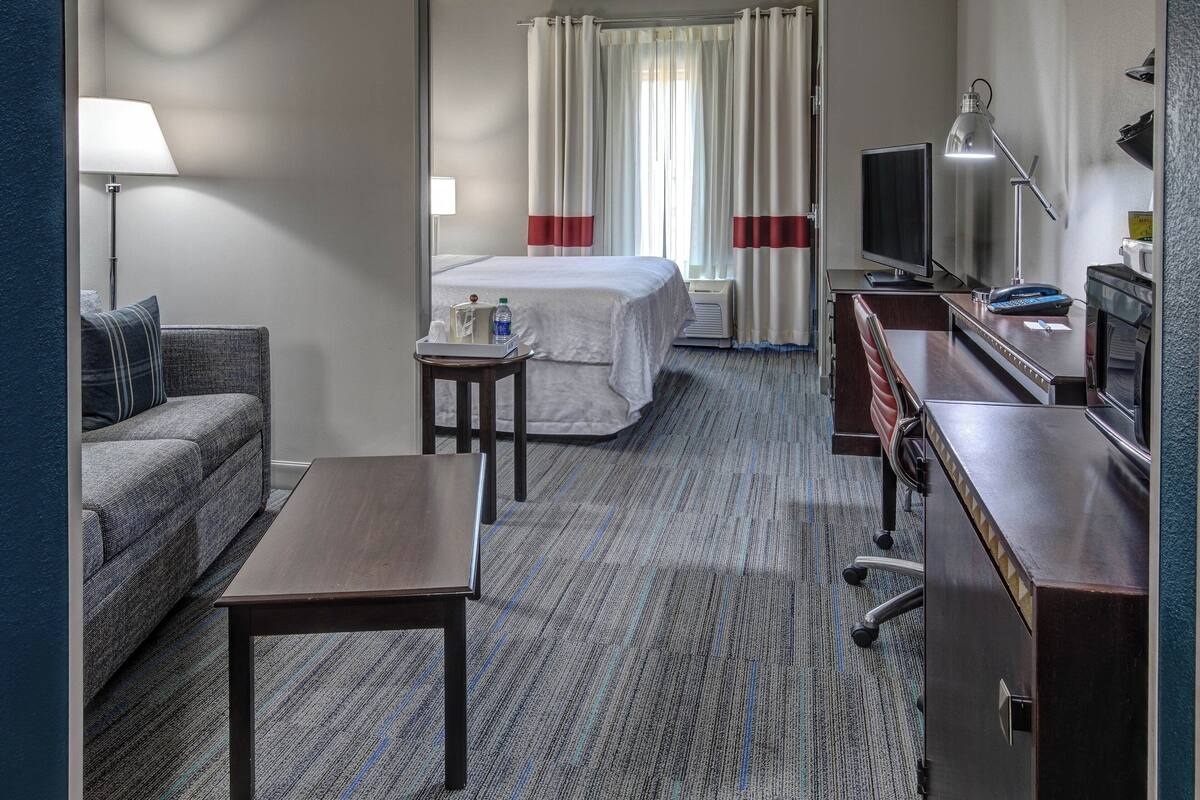 A hotel room with a bed, a desk, a chair, a lamp, a television, and a microwave.