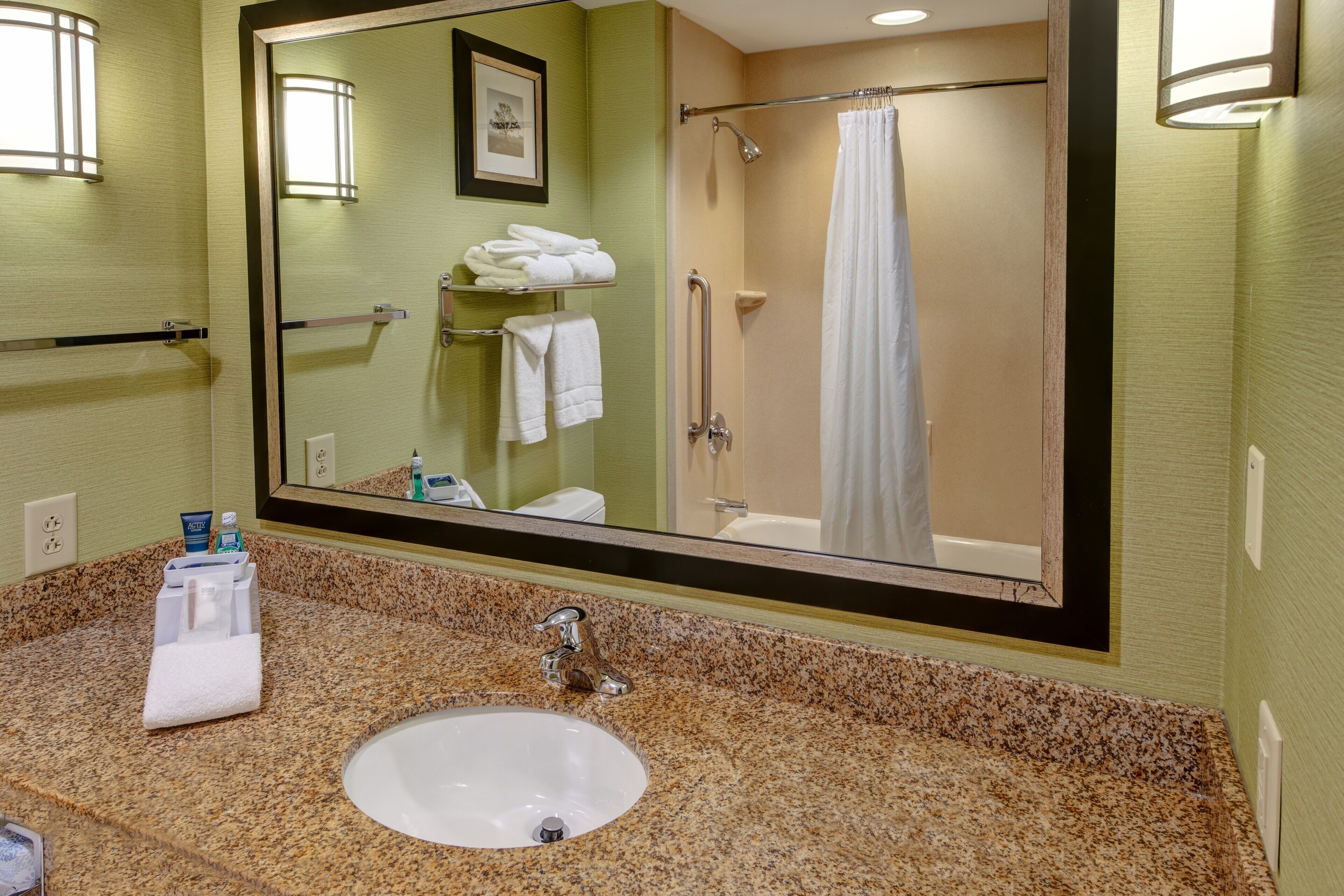 combined shower/bathtub, free toiletries, hair dryer, towels