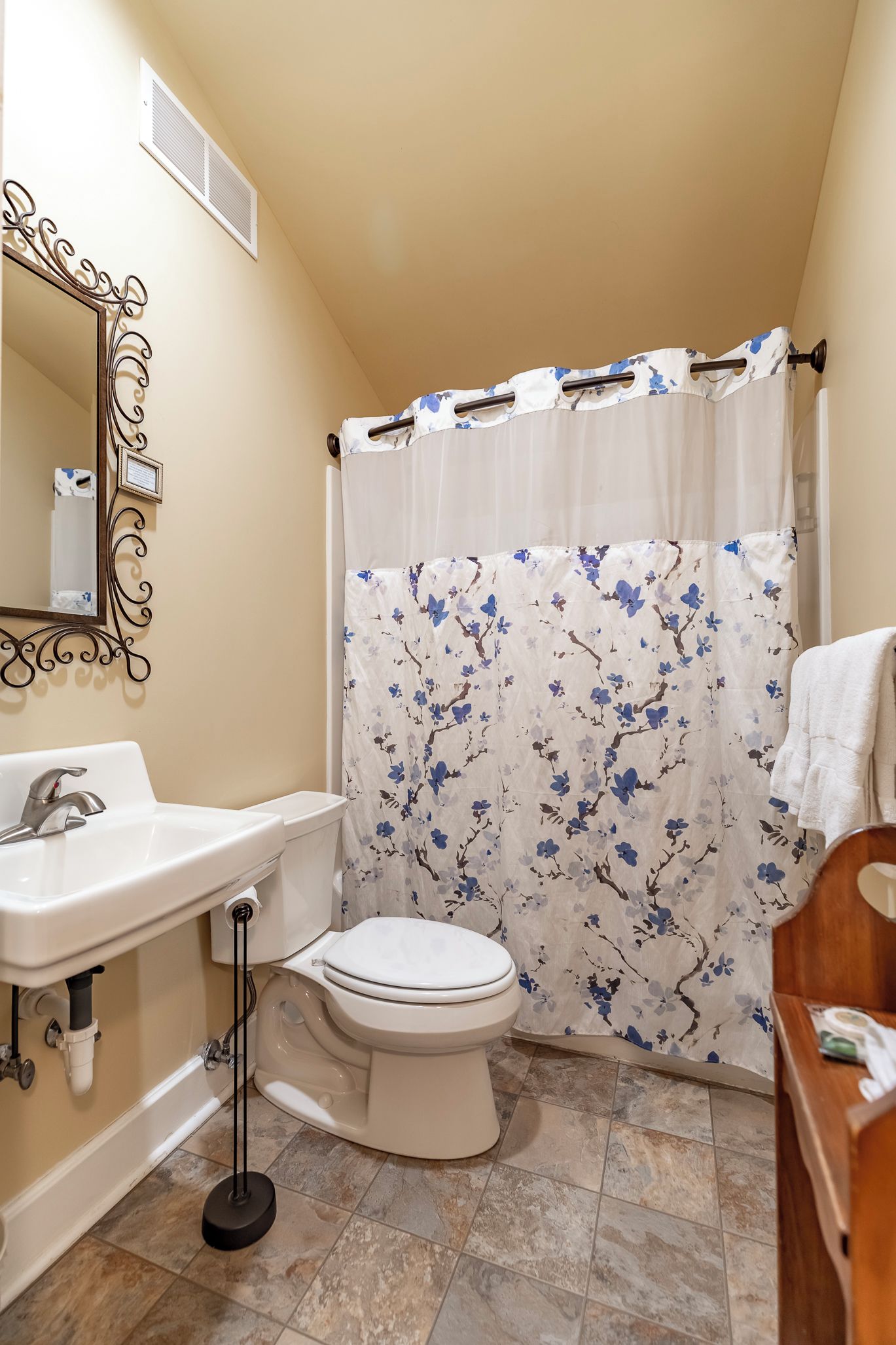 A bathroom with a toilet, sink, and shower curtain.
