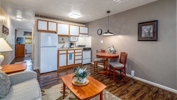 Um espaço compacto com cozinha compacta, área de refeições e sofá.