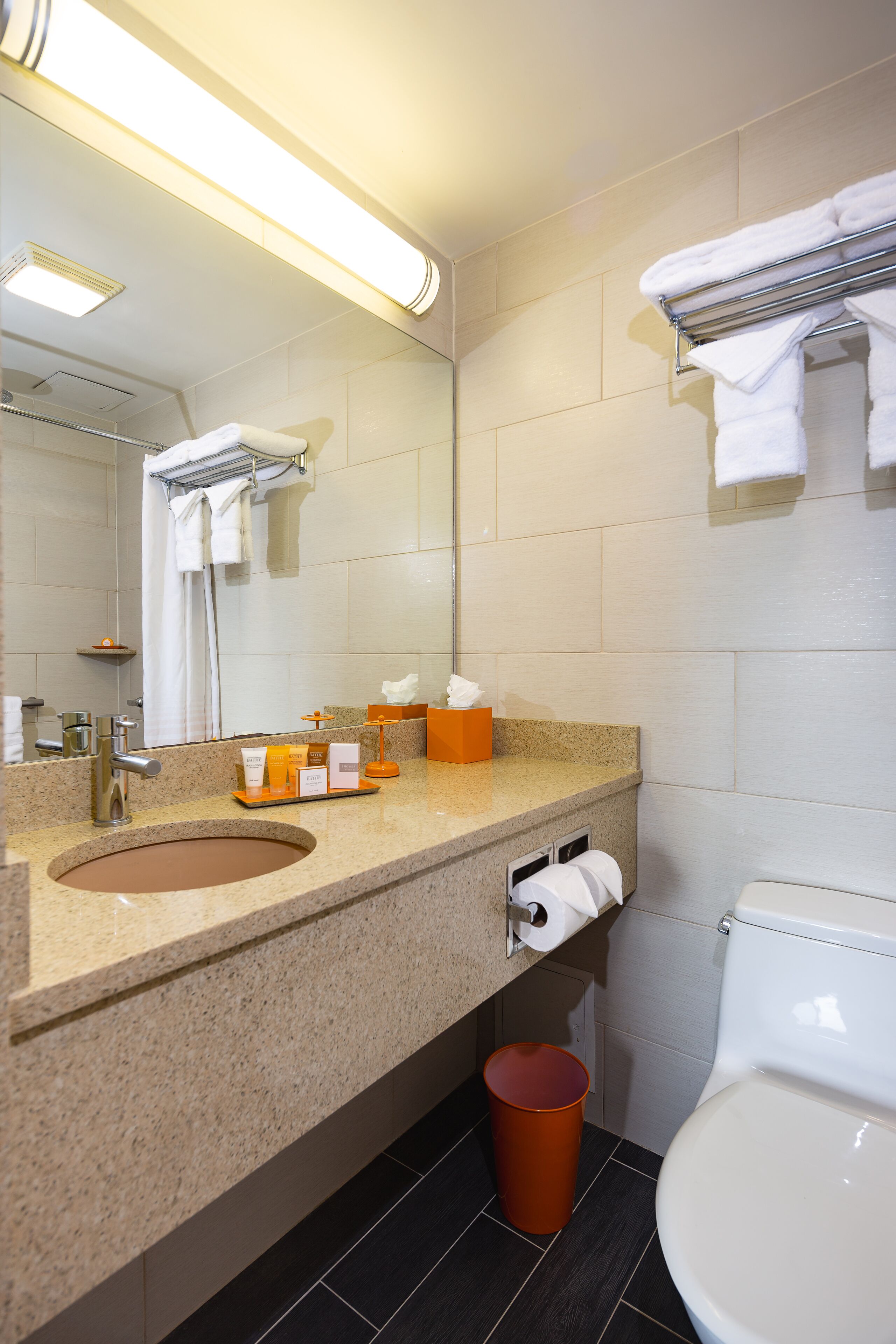 shower, rainfall showerhead, designer toiletries, hair dryer