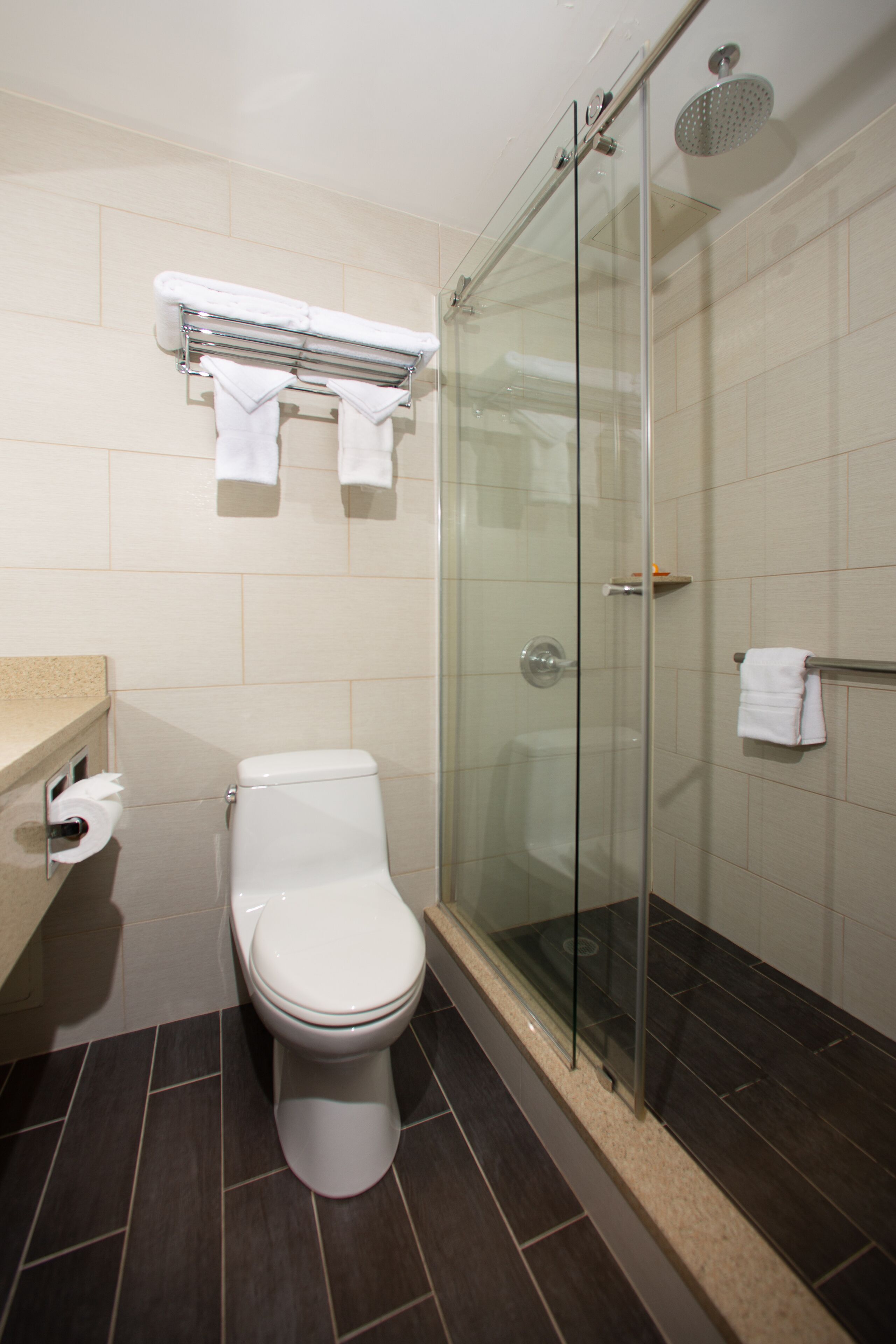 shower, rainfall showerhead, designer toiletries, hair dryer