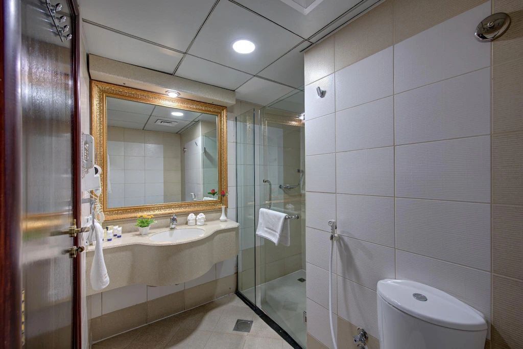 Une salle de bain moderne avec une douche à parois de verre, un lavabo blanc et un grand miroir avec un cadre doré.