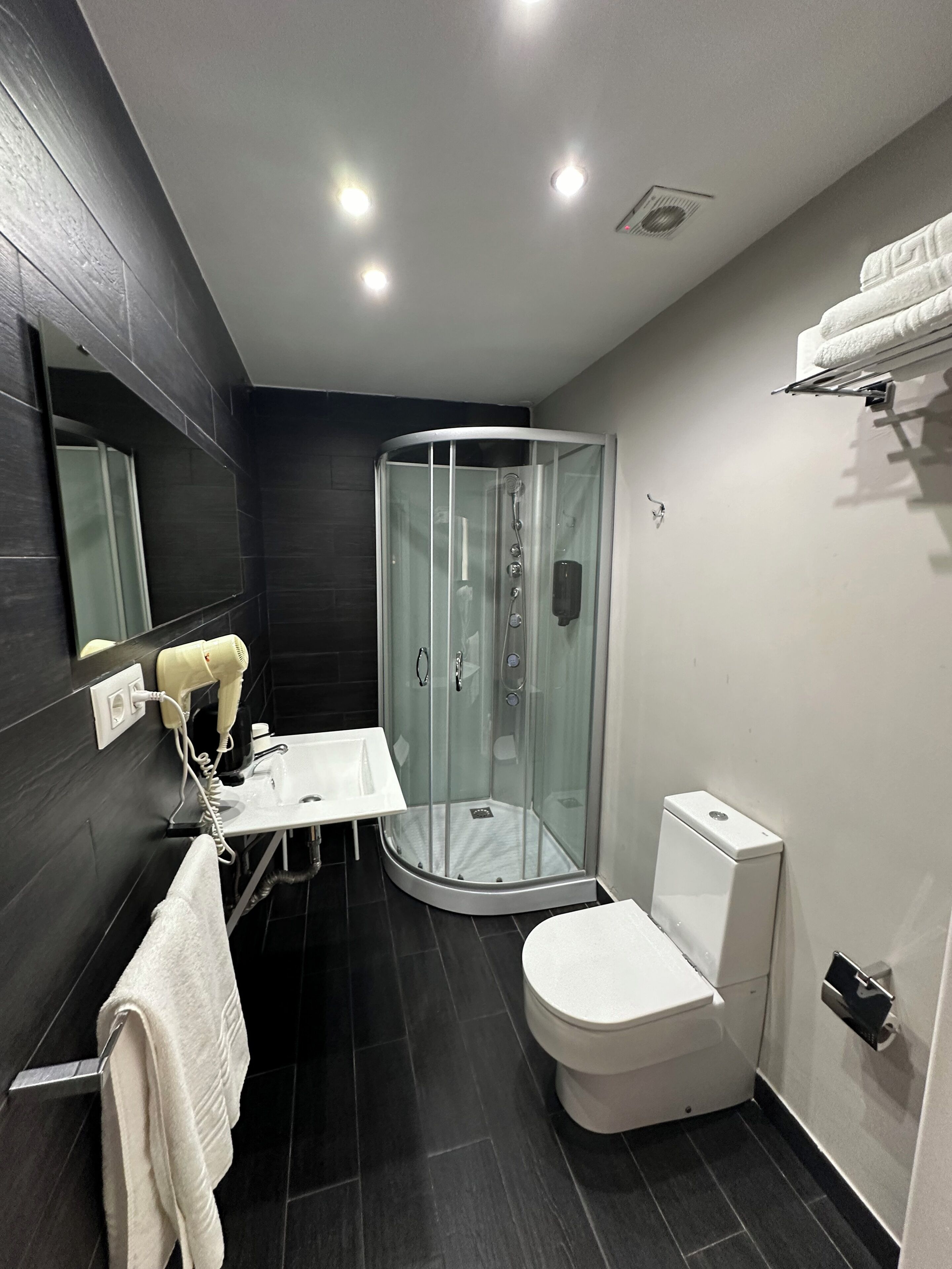 Un baño moderno con ducha de vidrio, lavamanos blanco y retrete.