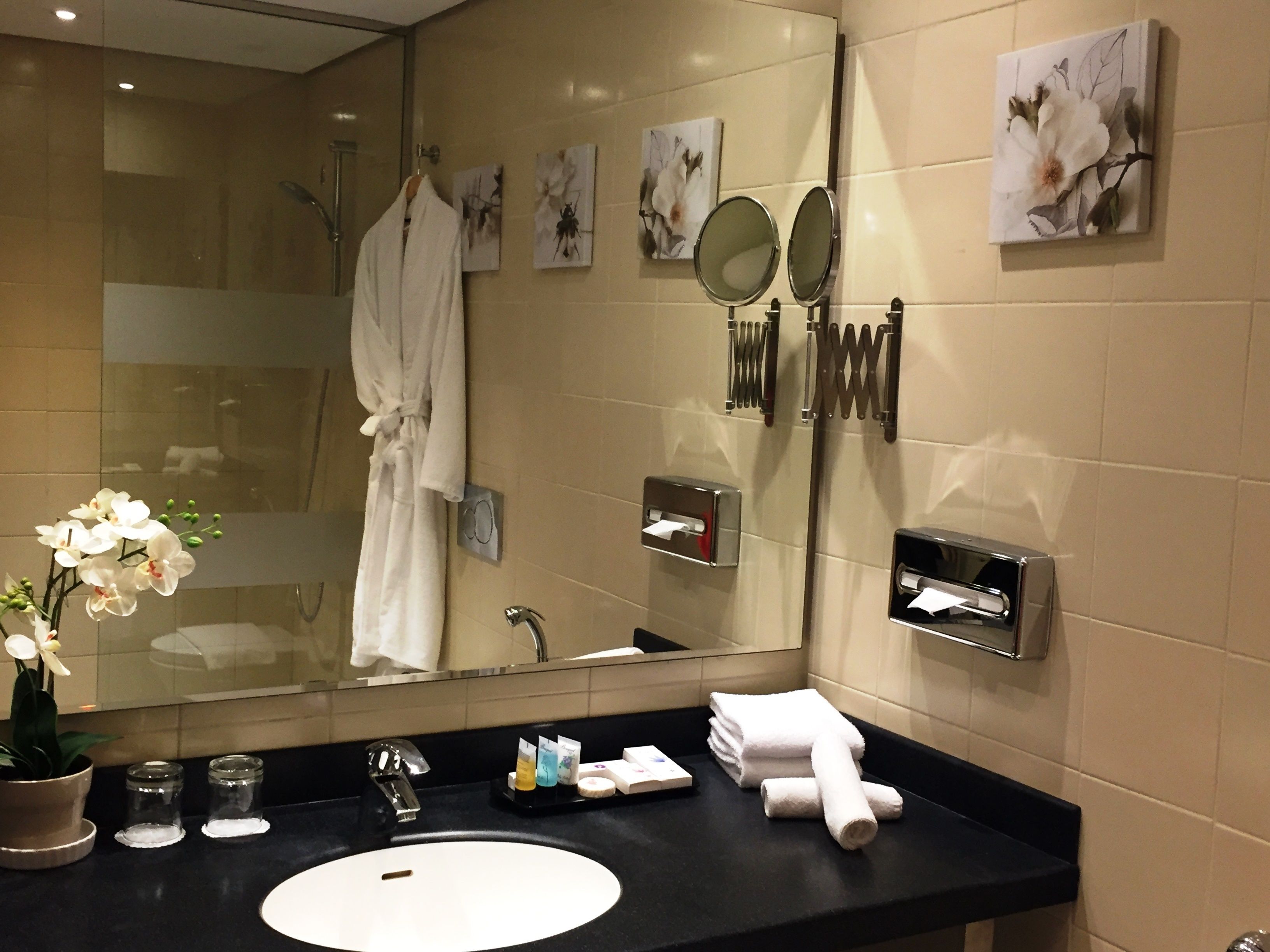 A bathroom with a large mirror, a sink, and a towel rack. There are decorative wall pieces and a potted plant.