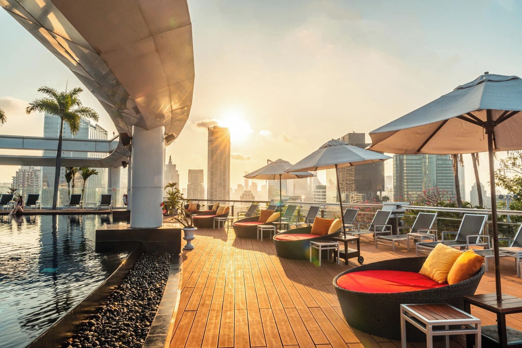 Outdoor pool, pool umbrellas, pool loungers