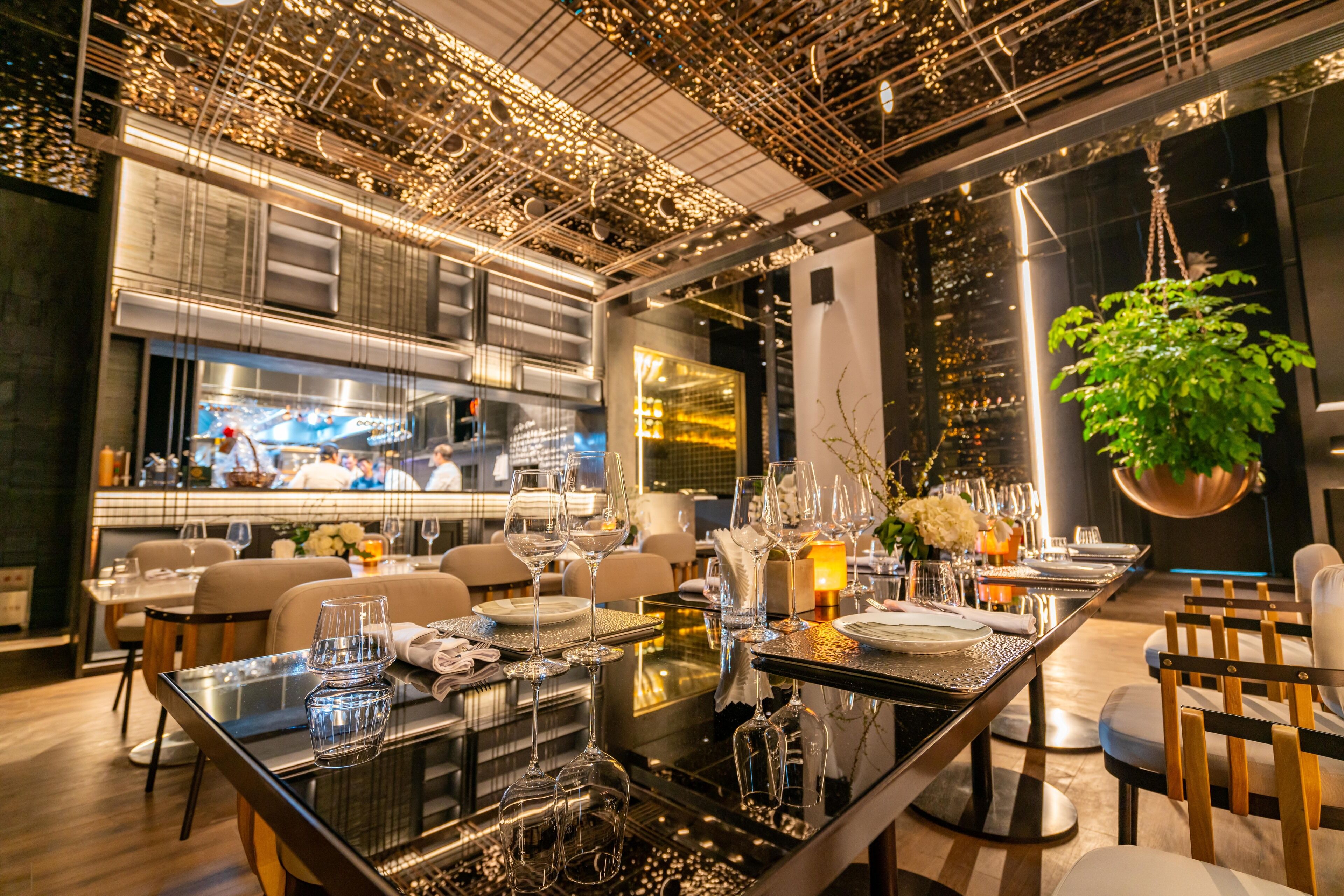 A modern restaurant interior with a long dining table, chairs, and a hanging plant.