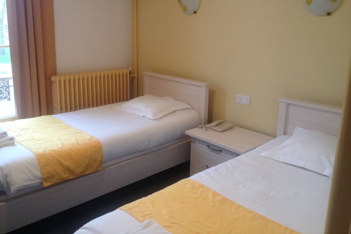 Une chambre d’hôtel avec deux lits simples, une table de chevet avec un téléphone et un radiateur.