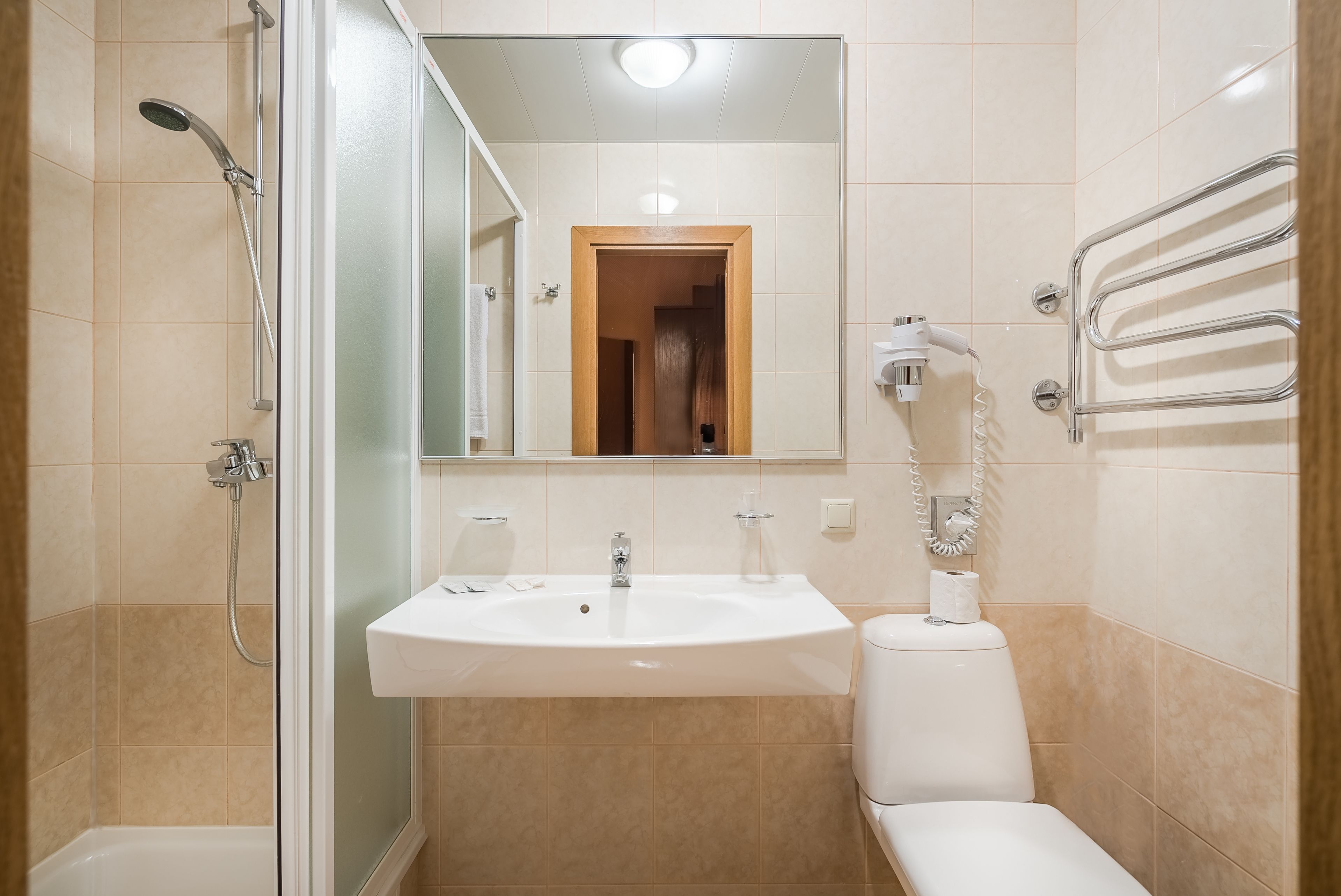 free toiletries, hair dryer, slippers, towels