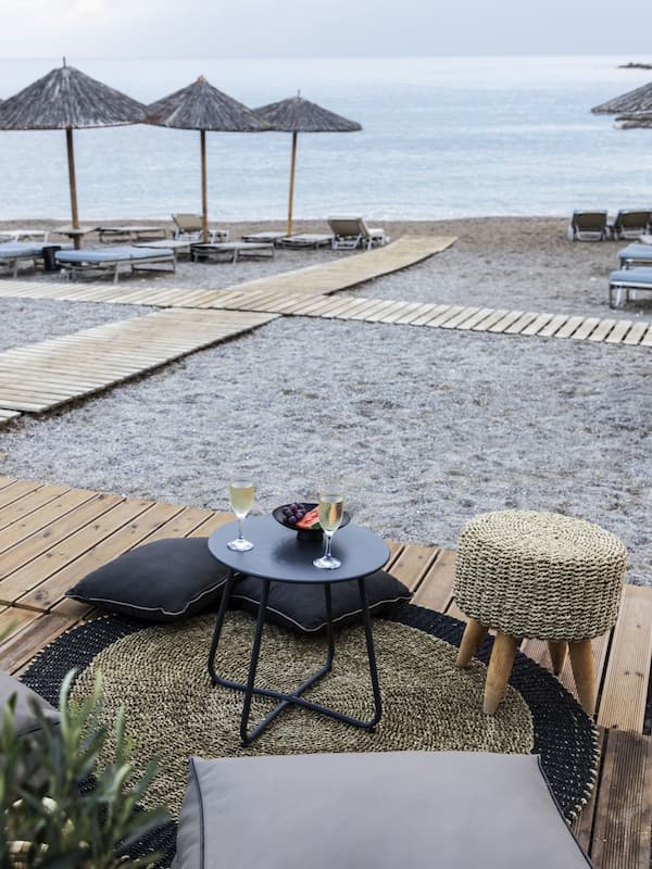 On the beach, sun-loungers, beach umbrellas, beach towels
