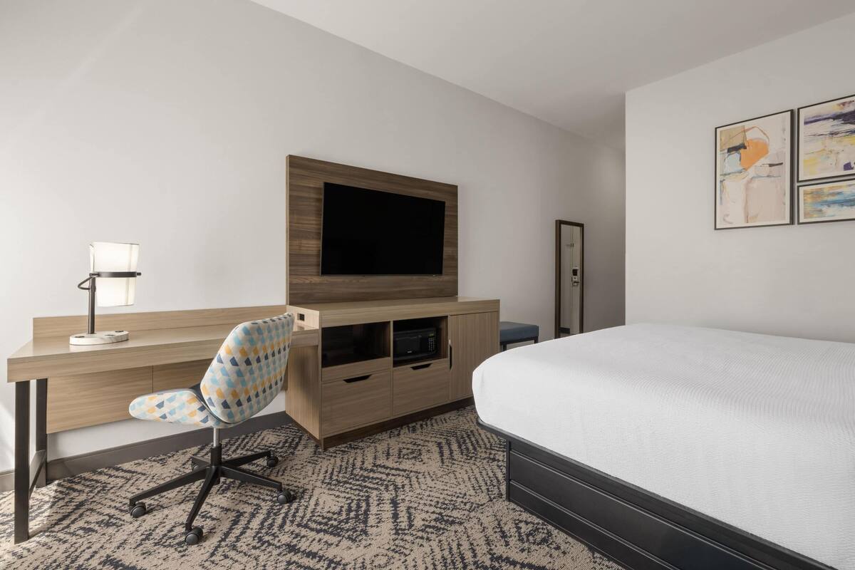 Habitación de hotel con cama, escritorio con televisor de pantalla plana, alfombra estampada, una silla y una obra de arte en la pared.