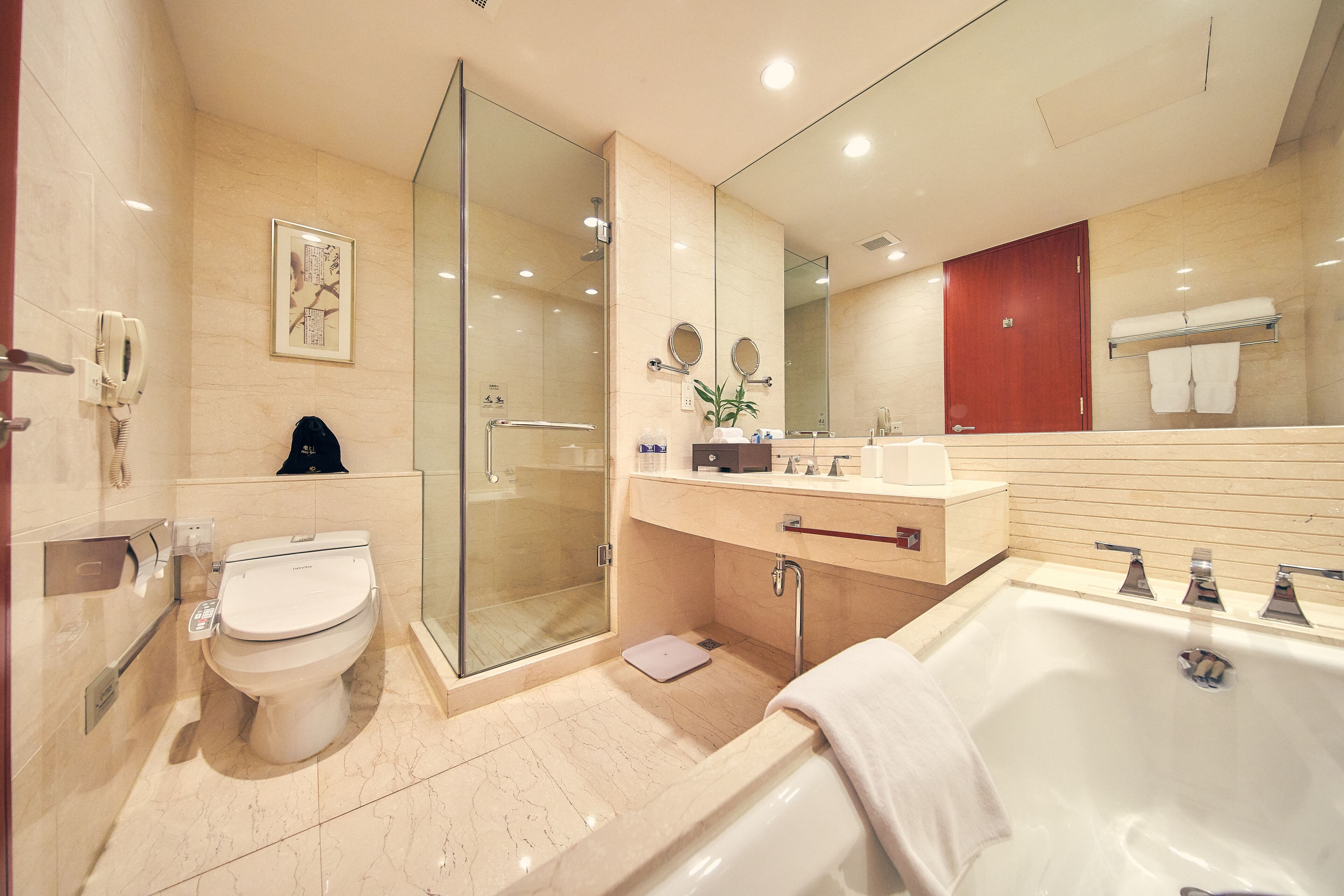 shower, hair dryer, bathrobes, slippers