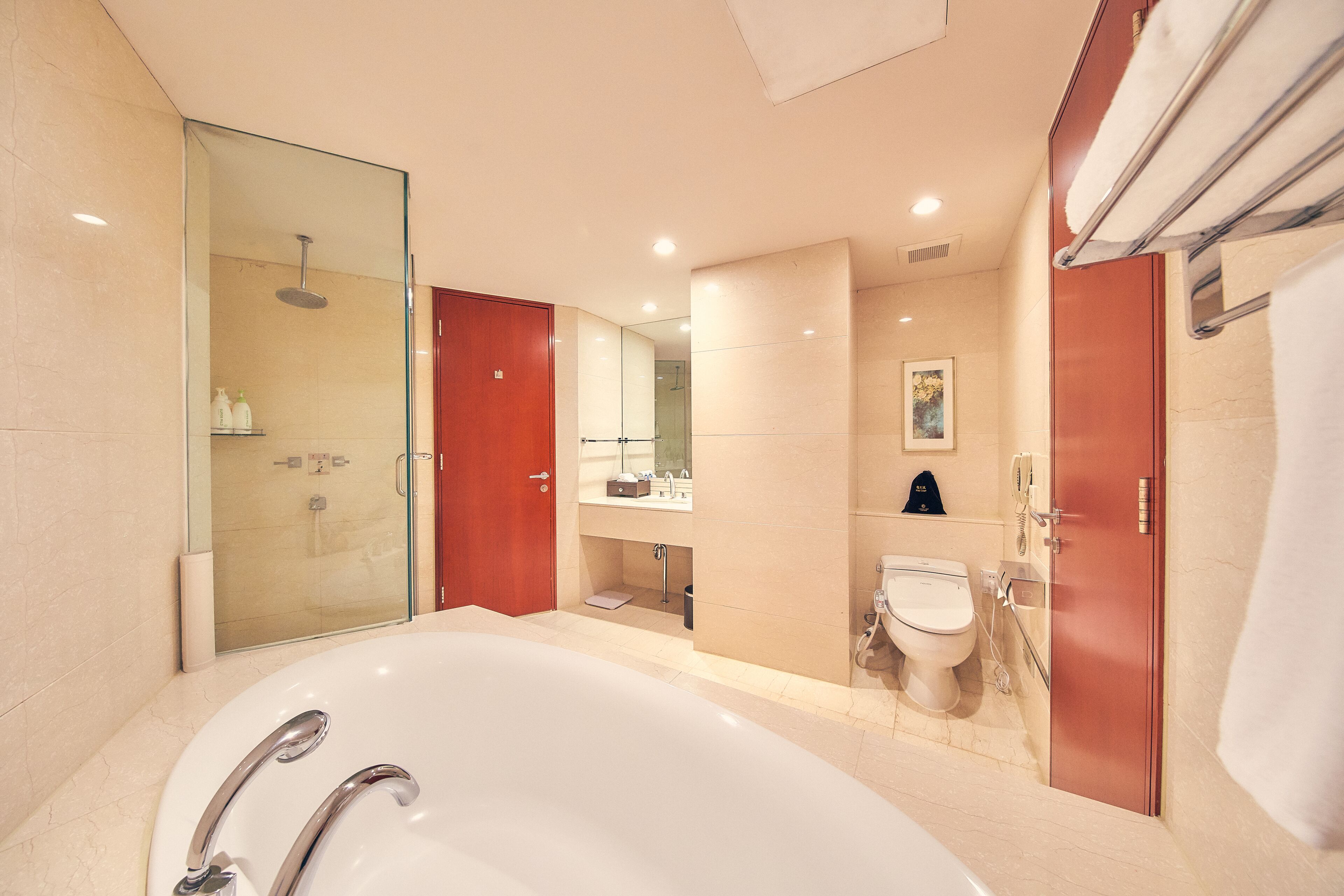 shower, hair dryer, bathrobes, slippers