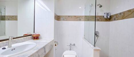 Un bagno con un lavabo in marmo, un WC e uno spazio doccia.