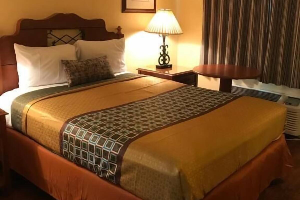 A hotel room with a large bed, a bedside table with a lamp, a framed picture on the wall, and a window with curtains.