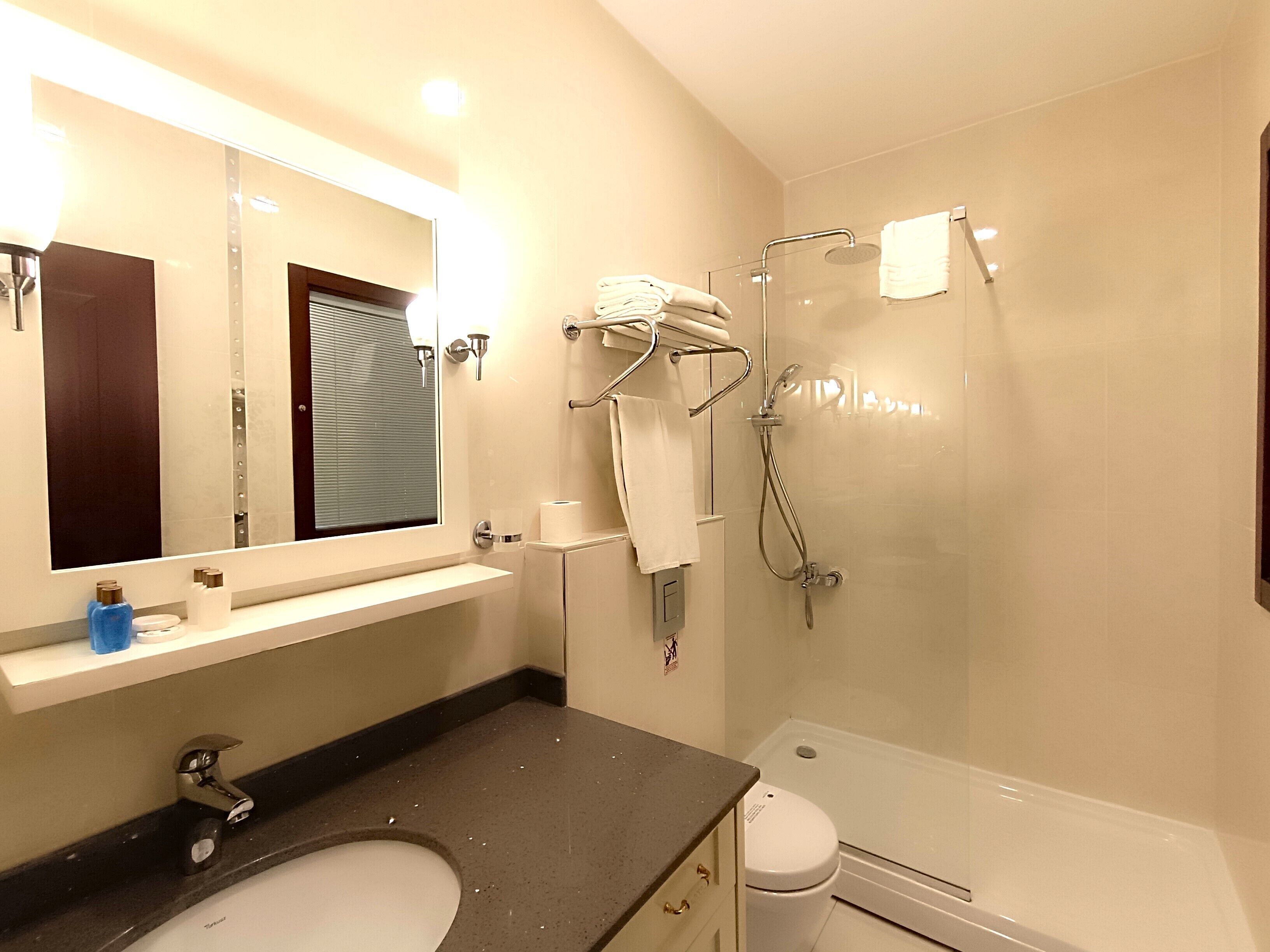 shower, rainfall showerhead, free toiletries, hair dryer