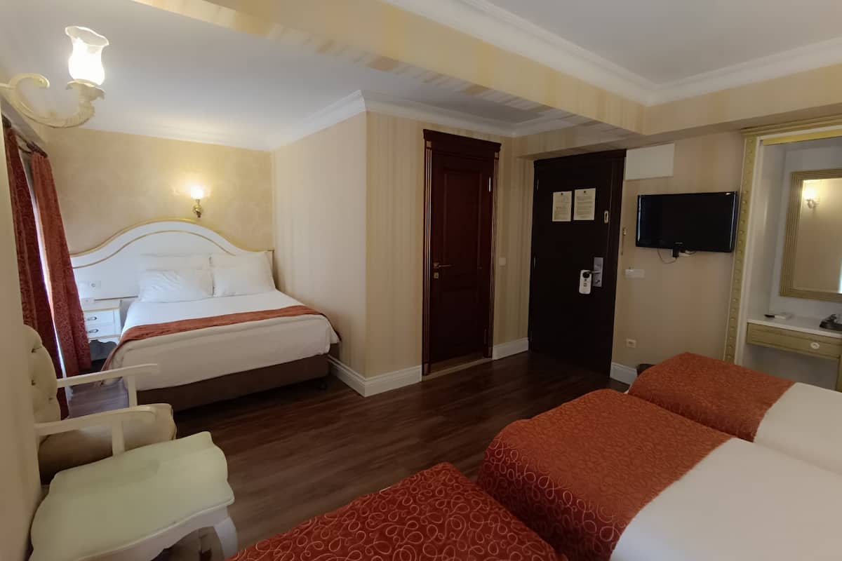 A hotel room with a large bed, a smaller bed, a desk, a chair, a television, and a mirror.