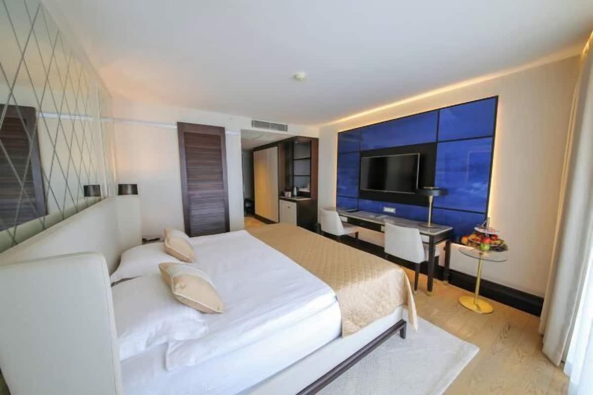 Una habitación de hotel moderna con una cama grande, un escritorio, un televisor y una pequeña mesa con fruta.
