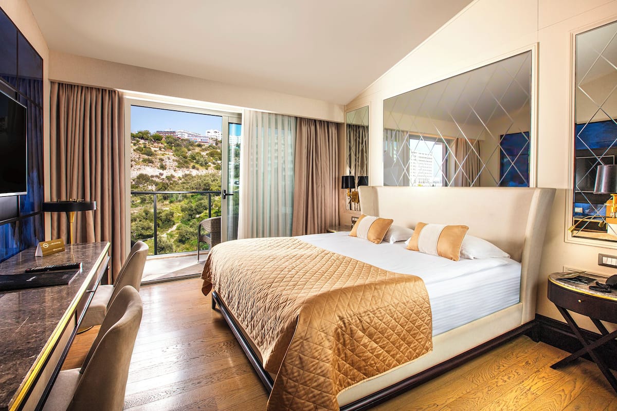 Una habitación de hotel con cama, escritorio, televisión y balcón con vistas.