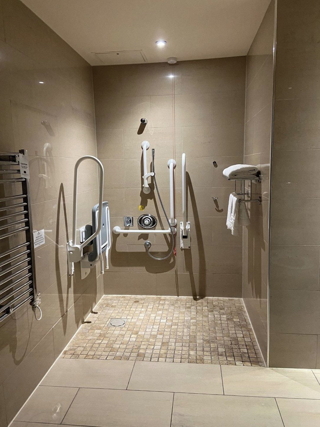 A walk-in shower with a glass door, a towel rack, and a hand dryer.