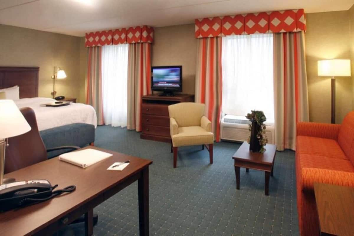 A hotel room with a bed, a desk with a lamp, a chair, a sofa, a television, and a window with curtains.