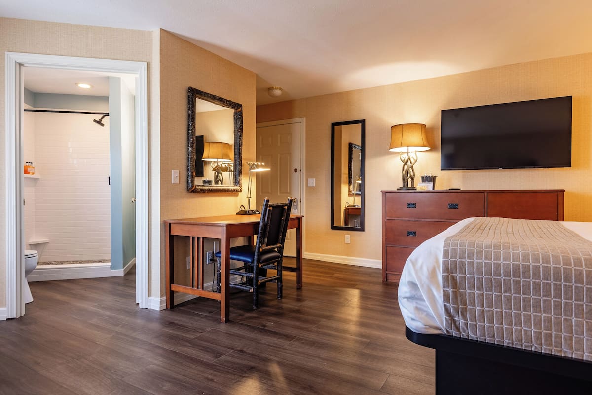 A hotel room with a bed, a desk with a chair, a TV, a mirror, and a wardrobe.