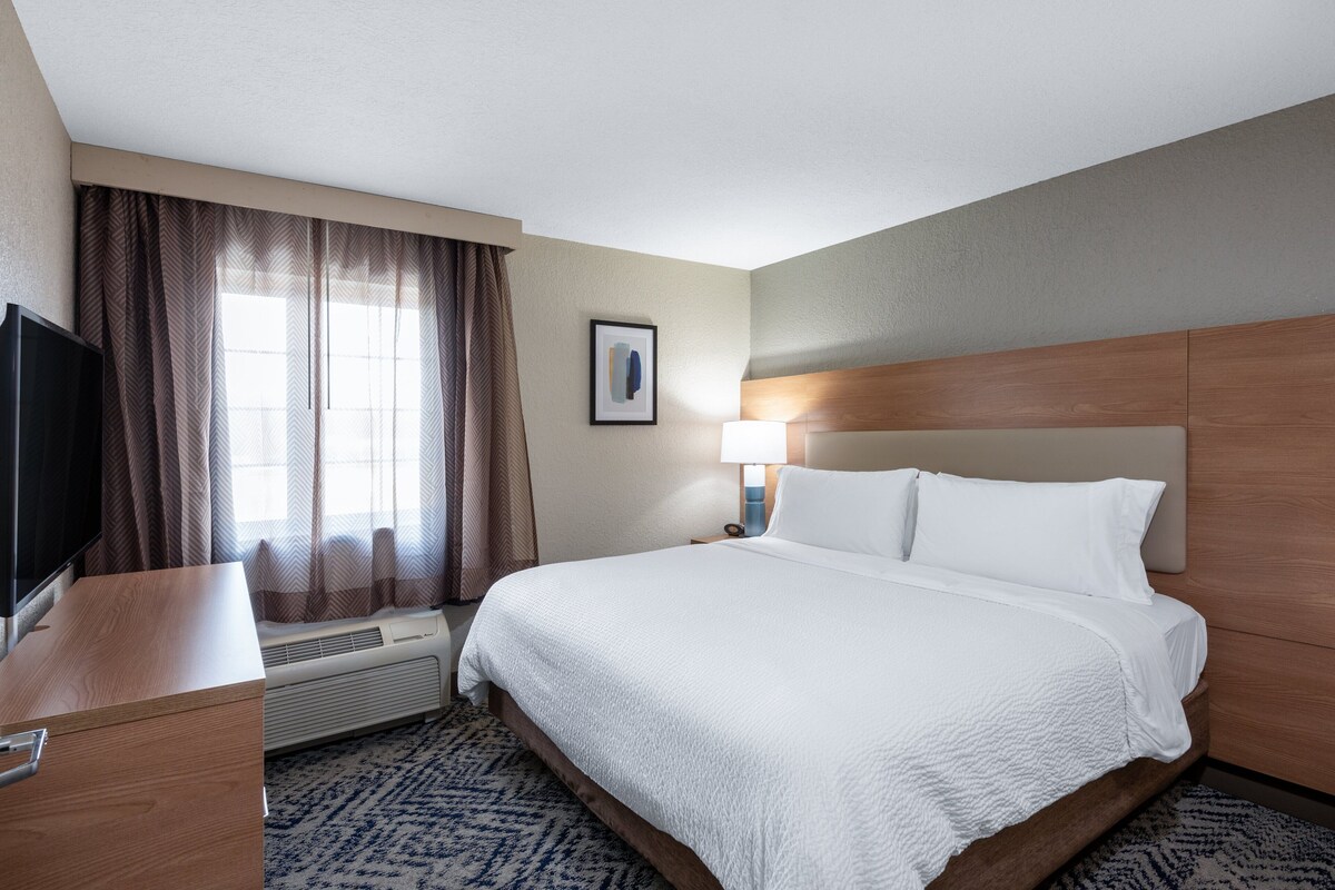 Habitación de hotel con cama, escritorio, televisión, ventana con cortinas, un cuadro en la pared y una lámpara de noche.