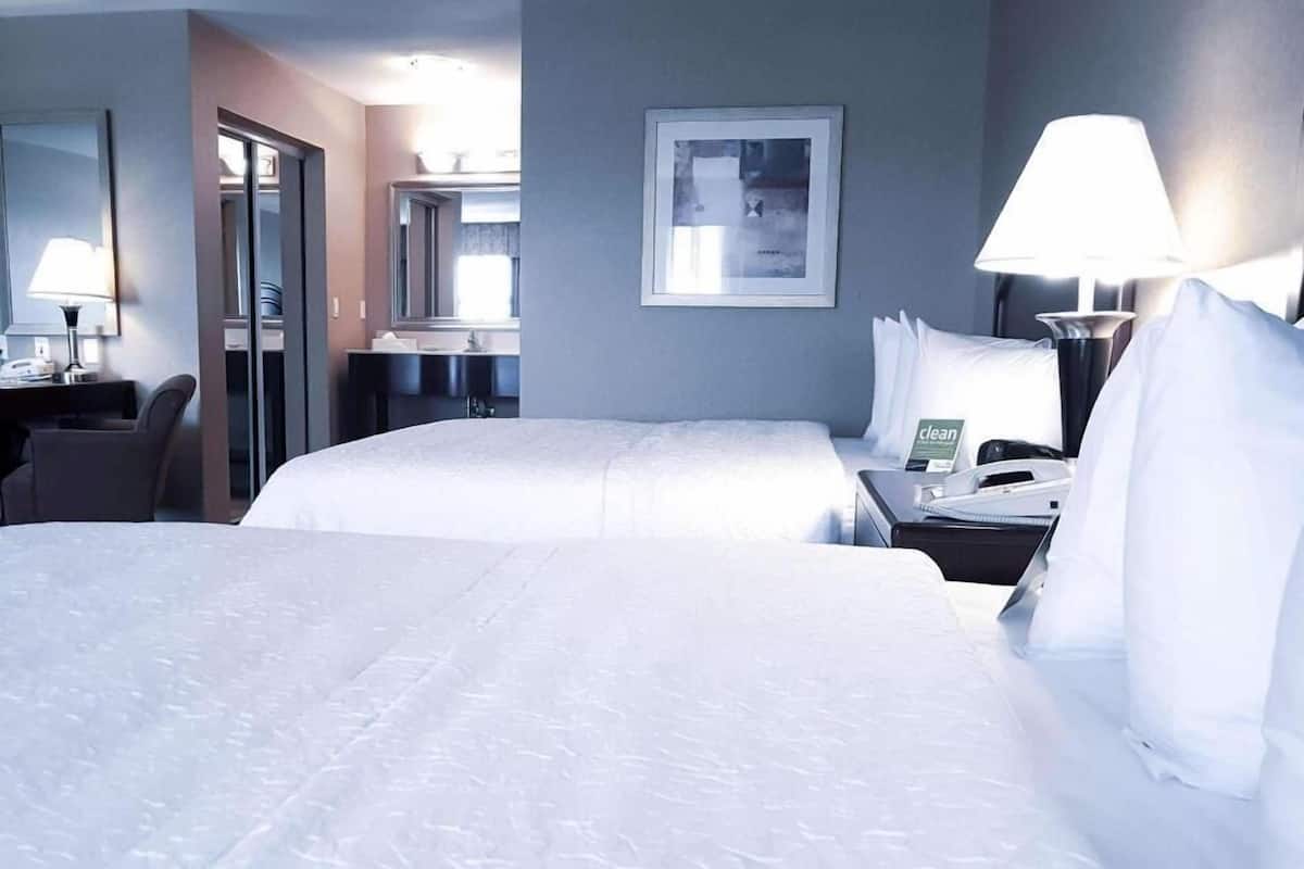 A hotel room with two beds, a desk, a chair, a lamp, and a framed picture on the wall.