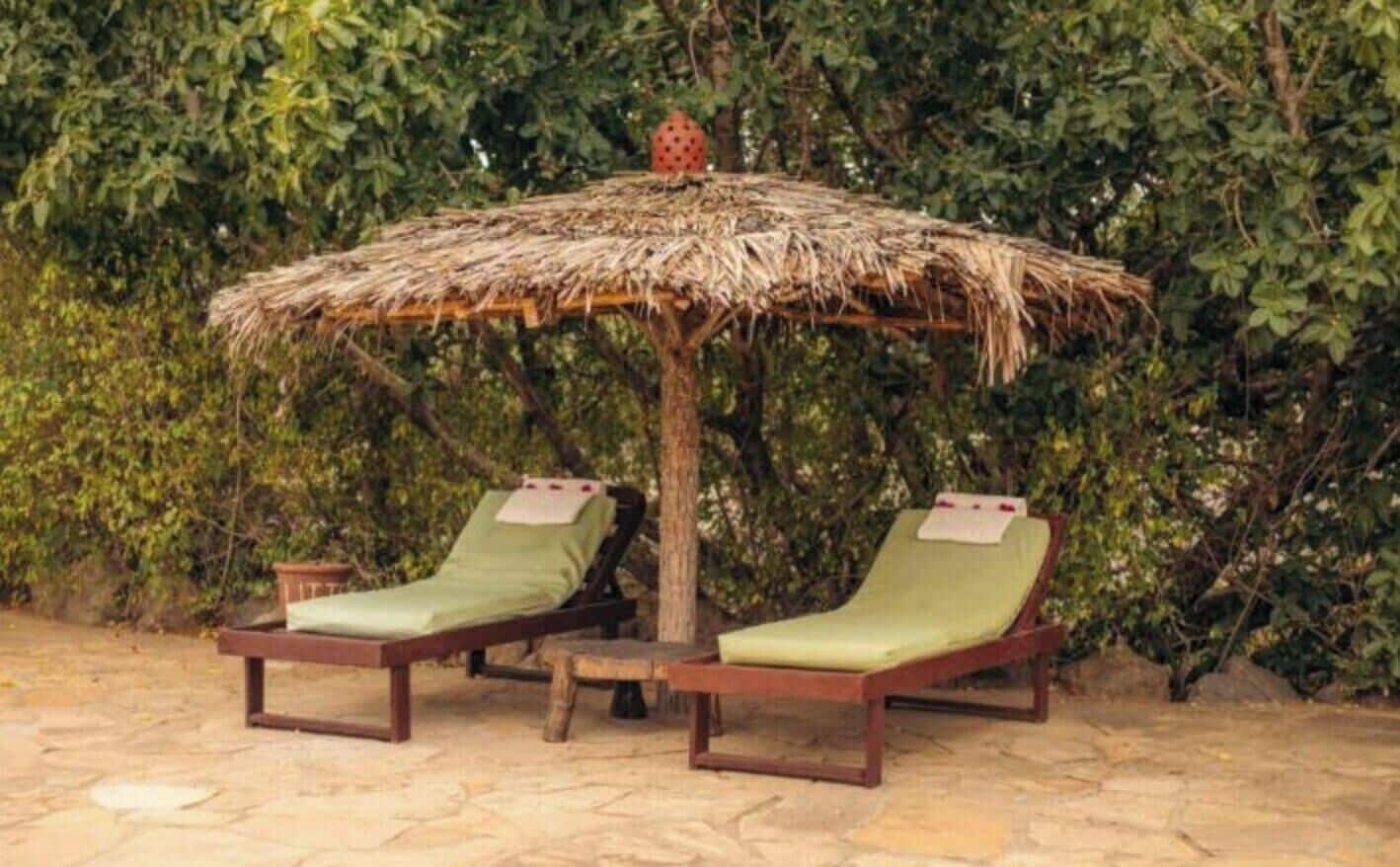 Deux fauteuils de jardin en bois, dotés de coussins verts, sont placés sous un parasol en chaume, sur une terrasse en pierre, avec en arrière-plan un décor de feuillage dense.